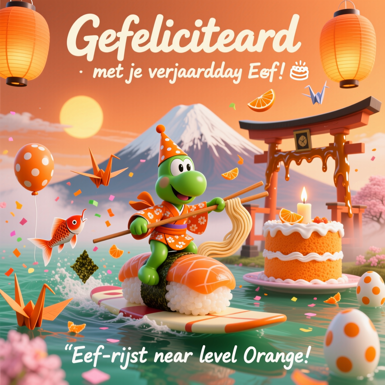 At the top of the Surreal Style image, Gefeliciteerd met je verjaardag Eef! 🎉🍰😘

Dreamlike, Dali-inspired surreal birthday scene set in Japan, awash in kleur oranje: tangerine skies, glowing orange paper-lantern suns, and a ramen river melting like clocks. Center stage, Yoshi (cheerful, glossy green) rides a colossal nigiri sushi surfboard, wearing an orange party hat and an orange-patterned kimono sash, balancing on bendy chopsticks that curl like noodles. A torii gate droops like caramel, doubling as a candle with a tiny flame. Mount Fuji appears as a layered orange sponge cake with frosting-snow, softly sagging at the edges. Koi in tiny party hats leap through confetti of nori and orange peel; origami cranes and floating mandarin slices drift like balloons; speckled Yoshi eggs bob like helium balloons with orange polka dots. Ethereal volumetric light, soft apricot fog, painterly textures, whimsical reflections. Dominant palette: mandarin, apricot, amber, with jade green and sakura pink accents. Composition: portrait, full-bleed, clear negative space behind the top text; render the header in bold creamy-white hand-lettered script with a subtle shadow for legibility.

Small, playful caption near the bottom in white hand-drawn type (one line): “Eef-rijst naar level Oranje!”
Generated with these themes: Japan, Yoshi, Kleur oranje, and .
Made with ❤️ by AI.