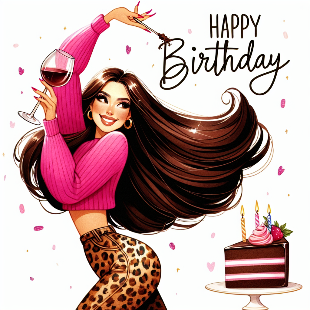 Create a whimsical birthday-themed illustration featuring a cheerful Hispanic woman with long, straight, brunette hair. She's wearing a vivid pink jumper and her snugly fit leopard print jeans reflect her playful side. In one hand, she is gracefully holding aloft a glass of wine, celebrating the special occasion. A piece of decadent chocolate cake is tucked in the corner, adding sweetness to the scene.
Generated with these themes: Brunette lady, Straight hair, Leopard print jeans, Pink jumper, Glass of wine, and Chocolate .
Made with ❤️ by AI.