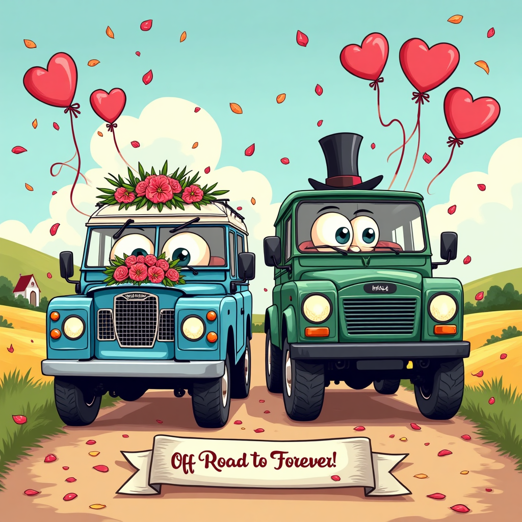 Playful cartoon wedding scene with thick black outlines, bright saturated colors, and exaggerated proportions. Center stage: a cheerful blue Land Rover Series 107 (long‑wheelbase) with big expressive “eye” headlights, a fluttering white lace veil on the roof rack, and a flower bouquet tucked in its grille. Beside it, a towering Unimog with chunky tires and a high cab, grinning headlights, a tiny top hat and bow tie. The two vehicles nuzzle bumpers under a floral arch; heart‑shaped exhaust puffs, swirling confetti, ribbons, and heart balloons add motion and comedy. Tin cans trail from the bumpers, petals fly, and playful motion lines emphasize a joyous zoom. Sunny countryside backdrop with rolling hills and a distant little chapel silhouette; glossy cel‑shading, clean vector feel, no harsh realism.

Caption text (single short line), on a small ribbon banner at the bottom center in bold, hand‑lettered bubbly script with a thick outline for readability:
“Just Hitched — Off‑Road to Forever!”
Generated with these themes: .
Made with ❤️ by AI.