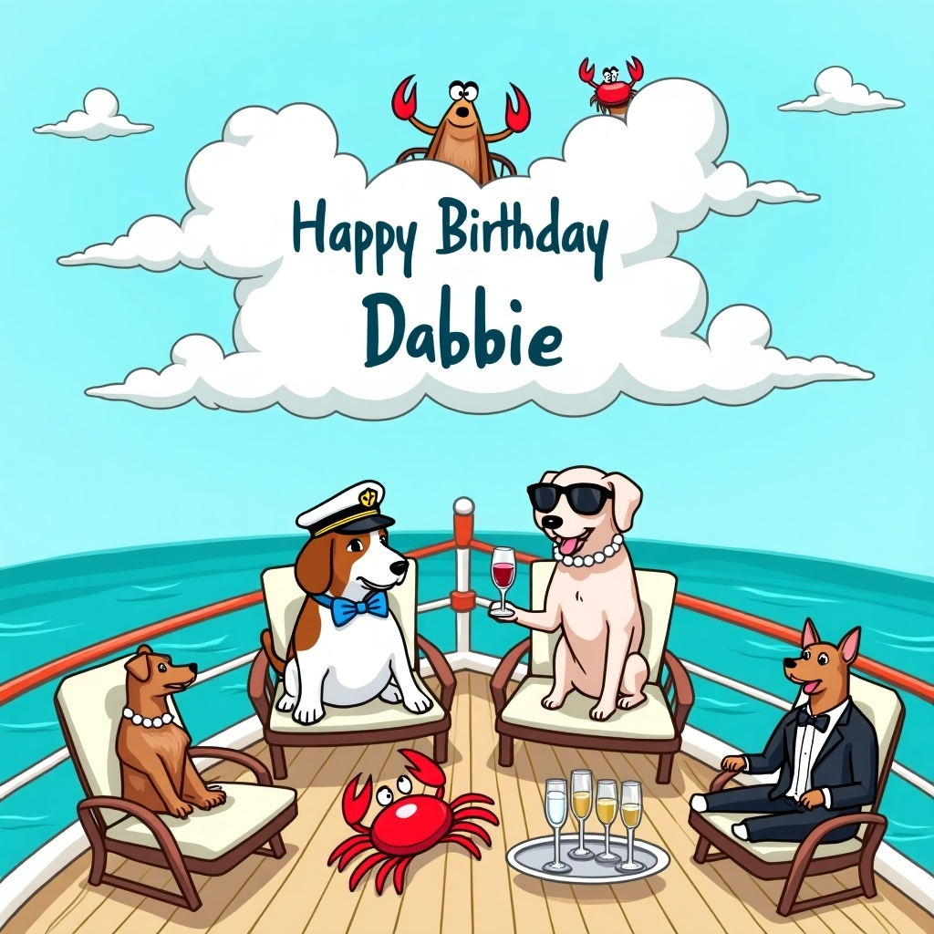 On the front cover of this whimsical birthday card, the scene is set on a luxurious cruise ship gliding through a tranquil, turquoise sea under a bright blue sky. At the forefront, a pair of well-dressed dogs are the stars of the show—one is a classy Beagle sporting a captain’s hat and a blue bow tie, while the other is a glamorous Poodle wearing oversized sunglasses and a string of pearls. Both dogs are lounging on deck chairs, each holding a glass of red wine delicately between their paws. Behind them, the ship’s deck is bustling with activity: a group of seafaring Dachshunds are trying their luck at catching a bright red crab, only to find themselves in a tug-of-war with it as the crab clings onto its succulent crab legs with comedic determination. Nearby, a Labrador in a tuxedo serves crab legs on silver platters to a gathering of sophisticated Chihuahuas sipping champagne.

In the background, above the ship, fluffy white clouds drift lazily across the sky, and they magically form the words "Happy Birthday Debbie" as if the heavens themselves are celebrating her special day. On one of the clouds, a small, playful crab is seen mischievously peeking over the edge, waving its claw in a friendly birthday salute. To complete the scene, seagulls hover in the sky with cartoonish expressions, their beaks seemingly agape at the delightful chaos unfolding on the cruise ship below. The entire scene is imbued with a sense of joyful celebration, making it the perfect card to bring a smile to Debbie's face.
Generated with these themes: Cruise ship, Dogs, Wine, and Crab legs.
Made with ❤️ by AI.