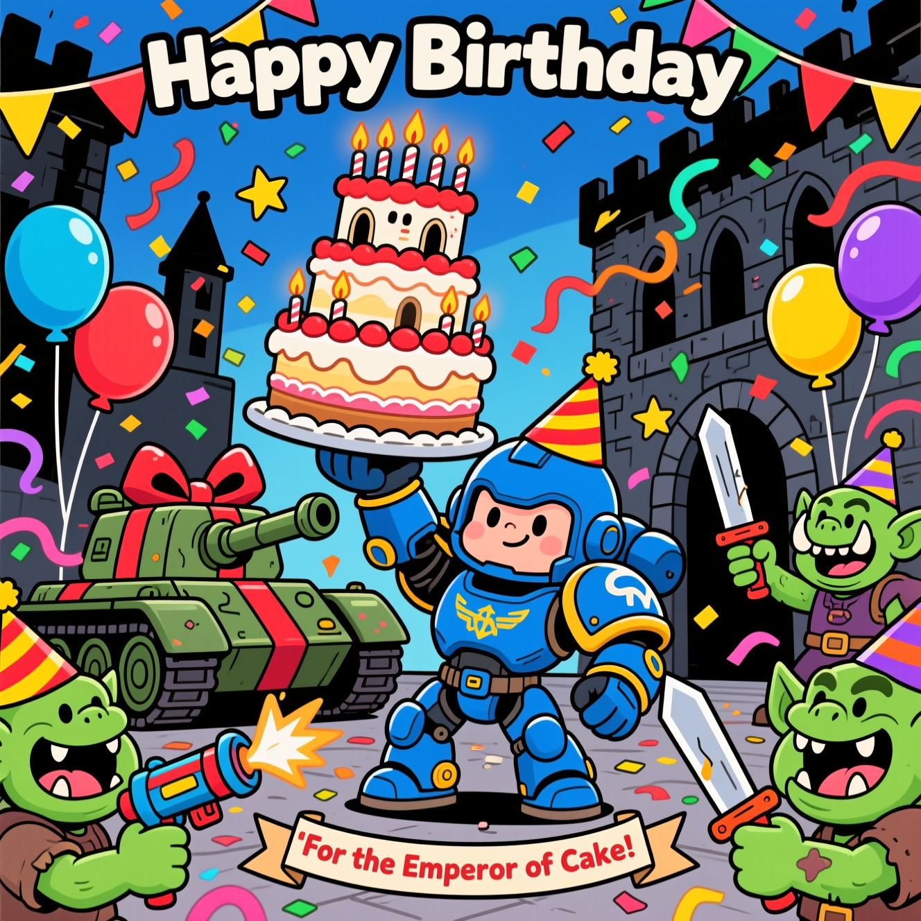 At the top of the Cartoon Style image, Happy Birthday

A funny Warhammer-inspired birthday bash in playful cartoon style: a chibi blue power‑armored supersoldier with giant shoulder pads and tiny legs triumphantly hoists a towering multi‑tier cake shaped like a gothic fortress, candles blazing; he wears a striped party hat over his helmet. Surrounding him, goofy green orks with huge grins and tusks, also in party hats, gleefully blast confetti cannons and wave balloon swords instead of weapons. Streamers, bright balloons, and star-shaped confetti whirl through the air. A tank in the background is wrapped like a giant gift with a big bow, while bunting drapes over chunky, cartoonish grimdark architecture. Thick black outlines, exaggerated proportions, bright saturated colors (cobalt blues, neon greens, candy reds, sunshine yellows, deep purples), dynamic, energetic poses, and bouncy motion lines. Clean, cheerful lighting with shiny highlights; no gore or violence—just over-the-top, silly celebration. Place a small cheeky caption on a ribbon near the bottom: “For the Emperor of Cake!”
Generated with these themes: Warhammer, and .
Made with ❤️ by AI.