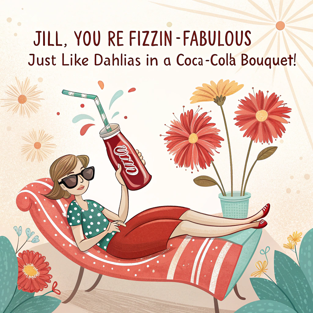 At the top of the image, "Jill, you’re fizzin’ fabulous — just like dahlias in a Coca-Cola bouquet!"

- In the center of the illustration, show a cartoon-style picnic scene where a stylishly dressed woman (Jill) is lounging atop an oversized Coca-Cola bottle like it’s a chaise lounge, sipping from a bendy straw. 
- Around her, vibrant, over-the-top dahlias are popping out of cola cans like festive fireworks.
- One of the dahlias wears sunglasses and is cheekily winking, holding a tiny birthday flag.
- A couple of cartoon bees with soda hats buzz around with little trays of birthday cupcakes. 
- A dachshund wearing a party hat balances a fizzy soda bottle on its nose nearby.
- The color palette should be joyful and bright — reds, fuchsias, and fizzy cola browns, giving it a whimsical yet celebratory vibe.
Generated with these themes: Coca cola, and Dahlias.
Made with ❤️ by AI.