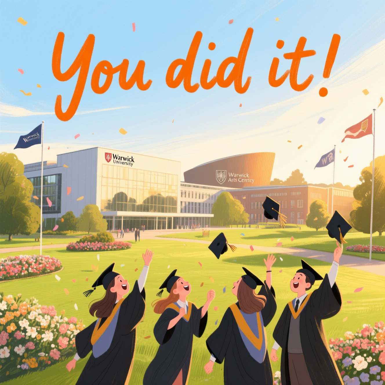 At the top of the Illustration Style image, write in bold, warm, hand-lettered script: **You did it!**  

A hand-drawn illustration of Warwick University’s iconic campus in late afternoon golden light — the modern buildings and lush green campus grounds depicted with fine, textured brush strokes and soft warm tones. In the foreground, joyful graduates in caps and gowns toss their mortarboards into a bright, clear sky, their faces full of pride and excitement. Behind them, a scattering of celebratory details: blooming flowerbeds, gently fluttering University flags, and a subtle silhouette of the Warwick Arts Centre. The composition feels uplifting and sincere, with balanced detail and a sense of achievement, capturing both the grandeur of the moment and the warmth of the place.
Generated with these themes: Warwick University , and .
Made with ❤️ by AI.