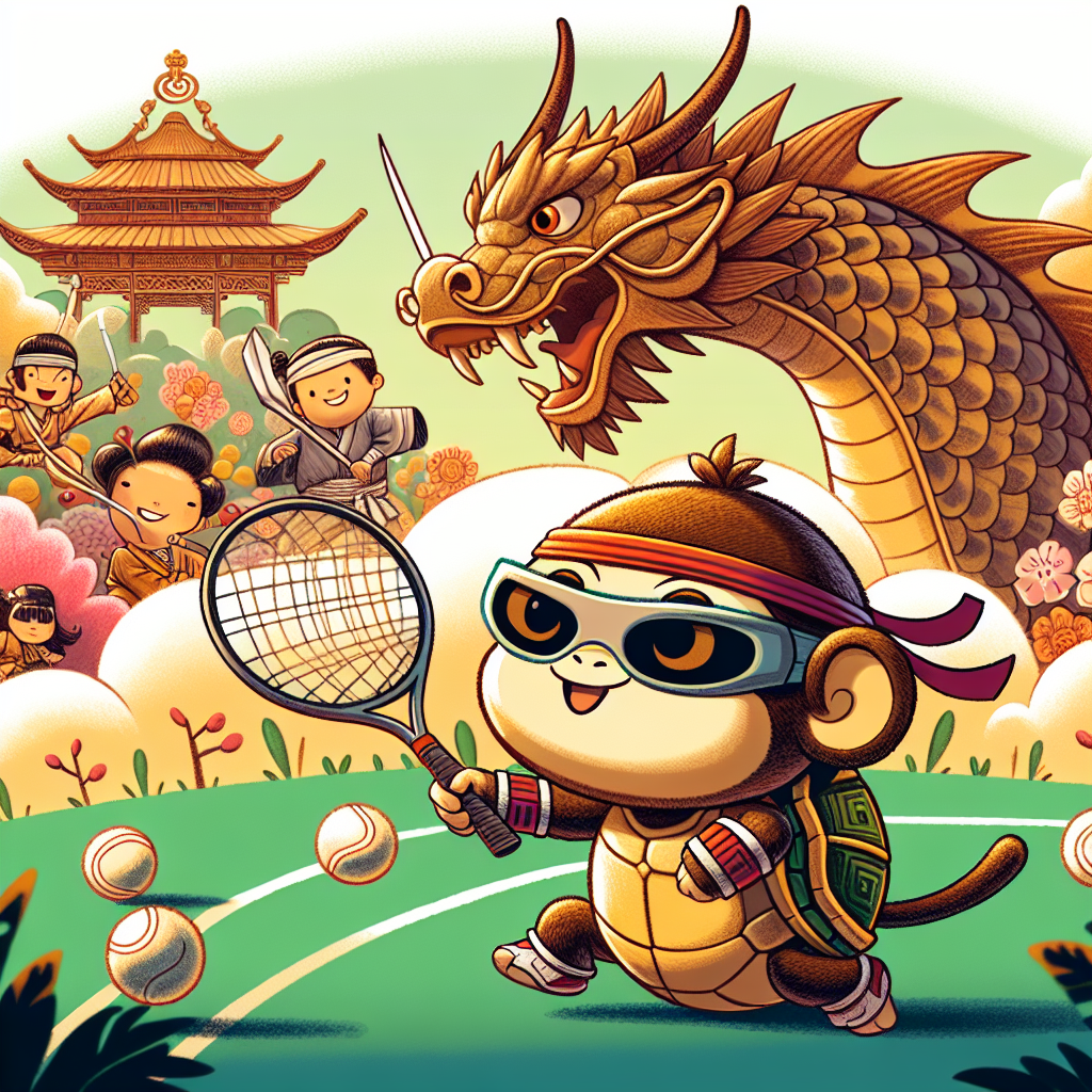 Create a whimsical baby celebration cartoon featuring a scene with an adorable monkey character as the main focus. The monkey is outfitted in ninja eyewear and a protective shell reminiscent of a tortoise, implying its affinity for adventure and fun. It is actively participating in a game of tennis and is confidently wielding a sword, further showcasing its adventurous spirit. Looming in the backdrop of the scene is a grand dragon character, inspired by designs found in medieval folklore. The dragon nonchalantly observes the monkey's activities, creating a sense of enchantment and completing the jovial and festive ambiance.
Generated with these themes: Monkey wearing ninja eyewear and a tortoise shell, playing tennis and holding a sword and theres a medieval style dragon in the distant background .
Made with ❤️ by AI.