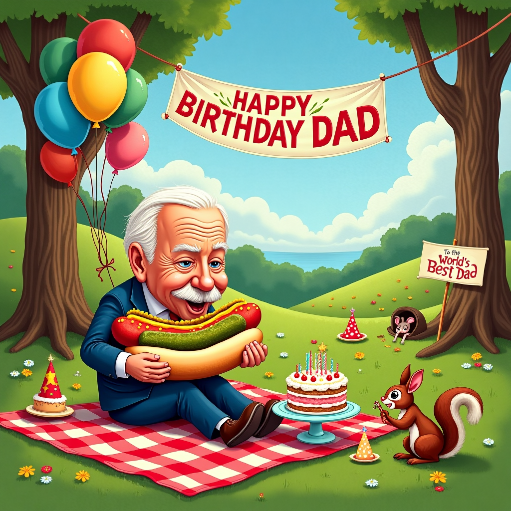 In this quirky and imaginative birthday card scene, picture a bustling park setting that combines elements of whimsy and reality. In the center, Joe Biden is seated on a vibrant red-and-white-checkered picnic blanket. His eyes twinkle with amusement as he takes a hearty bite out of a colossal hot dog, loaded with mustard, relish, and a comically oversized pickle dangling precariously from the bun. Surrounding him, in a style reminiscent of Norman Rockwell, are lively, cartoonish caricatures of people enjoying the park—a nod to Aubrey Beardsley’s intricate detailing—with a touch of Maurice Sendak’s playful imagination.

In the background, tall, lush trees arch gracefully like those illustrated by Arthur Rackham, their branches swaying slightly in the breeze. Above them, a string of colorful birthday balloons floats skyward, spelling out "HAPPY BIRTHDAY DAD" in bold, bright letters, reminiscent of Quentin Blake’s dynamic lettering style. Beneath the balloons, a small, classic cake stand holds a multi-layered cake, decorated with sprinkles and an extravagant tower of frosting, nodding to Beatrix Potter’s charming detail.

To the right, a jovial squirrel, styled like one from Edward Gorey's menagerie, offers a tiny top hat to a curious rabbit peering from a hole, as if engaging in a secret birthday party of their own. In the distant sky, Maxfield Parrish-inspired clouds gently swirl, casting soft shadows on the grassy knolls dotted with wildflowers—a hint of Gustave Doré’s dramatic landscapes. Meanwhile, a banner strung between two trees reads, "To the World's Best Dad," swaying gently in the wind. This scene harmoniously merges reality and whimsy, with each element crafted to delight and amuse.
Generated with these themes: I want Joe Biden on it eating a hot dog.
Made with ❤️ by AI.