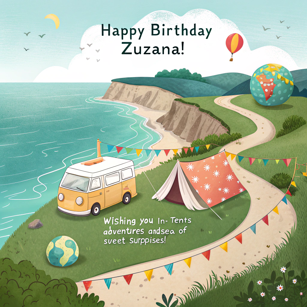 At the top of the Cartoon Style image, "Happy Birthday Zuzana!"
At the bottom of the image, "Wishing you in-tents adventures and seas of sweet surprises!"

Create a bright, cute cartoon coastal campsite bursting with travel vibes: plump, smiling tents pitched on a grassy cliff beside a sparkling turquoise sea, colorful bunting strung between tent poles, and a chubby, cheerful camper van rolling up a winding road with a rolled map, tiny globe, and thermos on its roof. A happy backpack, compass, and map act as playful sidekick characters near a campfire that glows like a single birthday candle. In the distance, snow-capped mountains rise like fluffy whipped-cream peaks; the sea has bouncy, stylized waves with a tiny party-hat sailboat bobbing along. Confetti-like clouds, seagulls, and a couple of balloon-globes float in the sunny sky. Use thick black outlines, exaggerated proportions, and bright saturated colors (aqua, coral, sunshine yellow, lime, and violet) with bubbly, energetic poses. Make the headline at the top big and bold in candy-colored, 3D bubble letters with a white outline; keep the punchline crisp on a small wave-shaped banner at the bottom. No humans anywhere.
Generated with these themes: Travelling, Camping, Tents, Mountains, Sea, A big title "Happy Birthday Zuzana!", Don't add any human in the picture, and .
Made with ❤️ by AI.