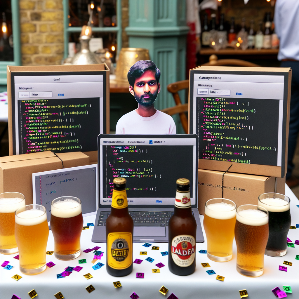 A delightful 30th birthday celebration takes place in Hammersmith. The venue is adorned with decorations themed around coding. An Indian man with short hair, the birthday boy, is at the center of the celebration, surrounded by ultra-realistic mini laptop decorations and papers with code snippets printed on them. Small, tastefully designed beer glasses holding diverse craft ales invoke his love for beer. Confetti, cleverly designed to look like binary digits 0 and 1, lightly rains down, enhancing the unassuming yet elegant tech ambiance.
Generated with these themes: short haired Indian man, 30th birthday, lives in Hammersmith, likes coding, drinking beer from very small glass.
Made with ❤️ by AI.