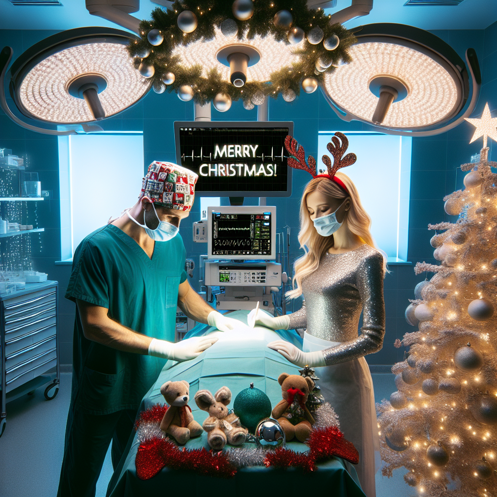 Under the bright lights of the operating room, a white male surgeon wearing a holiday-themed scrub cap and a white blonde female nurse with a sparkling Christmas headband prepare a surgery station beside a miniature Christmas tree. Festive decorations and stockings hang on the walls and the joyful phrase 'Merry Christmas!' is prominently displayed on a digital monitor.
Generated with these themes: White male surgeon , White blonde female nurse, Christmas tree , and Operating room.
Made with ❤️ by AI.