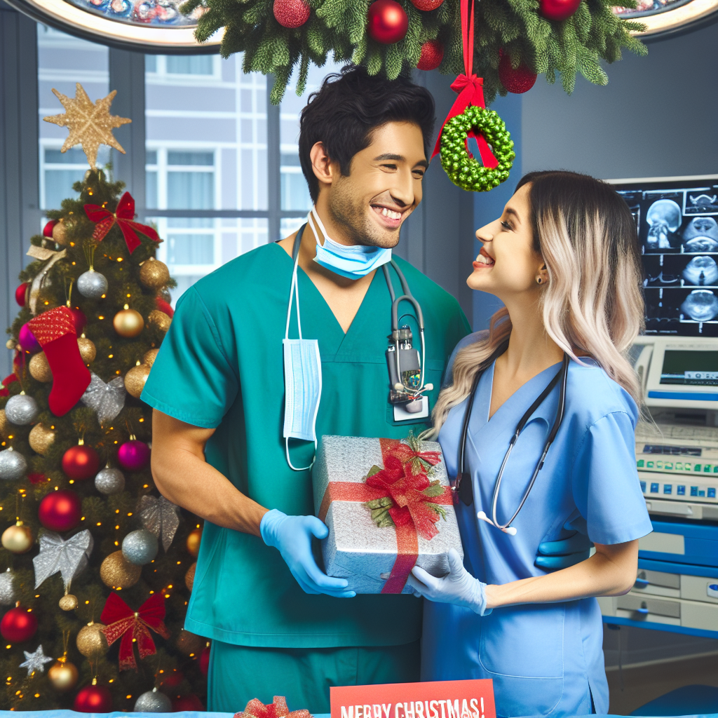 In a brightly decorated operating room, a jolly white male surgeon and a white blonde female nurse are exchanging gifts under a lavishly adorned Christmas tree. Both are in festive scrubs, and above them dangles a mistletoe. The scene includes a sign with the text 'Merry Christmas!' adding warmth to the setting.
Generated with these themes: White male surgeon , White blonde female nurse, Christmas tree , and Operating room.
Made with ❤️ by AI.
