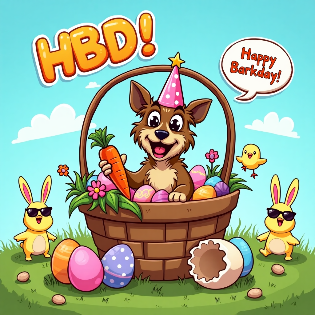 At the top of the cartoon image: "Hoppy Barkday, Mark!"

Prompt: A cheerful cartoon-style Easter scene with a silly dog sitting in an oversized Easter basket filled with colorful eggs and spring flowers. The dog is a scruffy mutt with big expressive eyes, wearing a polka-dot party hat that’s slightly askew. It's holding a giant carrot like a microphone and barking joyfully. The background features bright spring skies, hopping cartoon bunnies wearing sunglasses, and one chick photobombing from the side. Above the dog in big playful bubble letters is “HBD!” with tiny chocolate eggs replacing the dots in the exclamation point. A nearby Easter egg has cracked open — instead of a chick, there’s a balloon saying “Surprise!” for extra comic effect. The mood is festive, goofy, and absurdly fun — a mash-up of birthday energy and Easter vibes all rolled into one delightfully weird party scene.
Generated with these themes: Dog wearing a party hat with the text HBD!.
Made with ❤️ by AI.