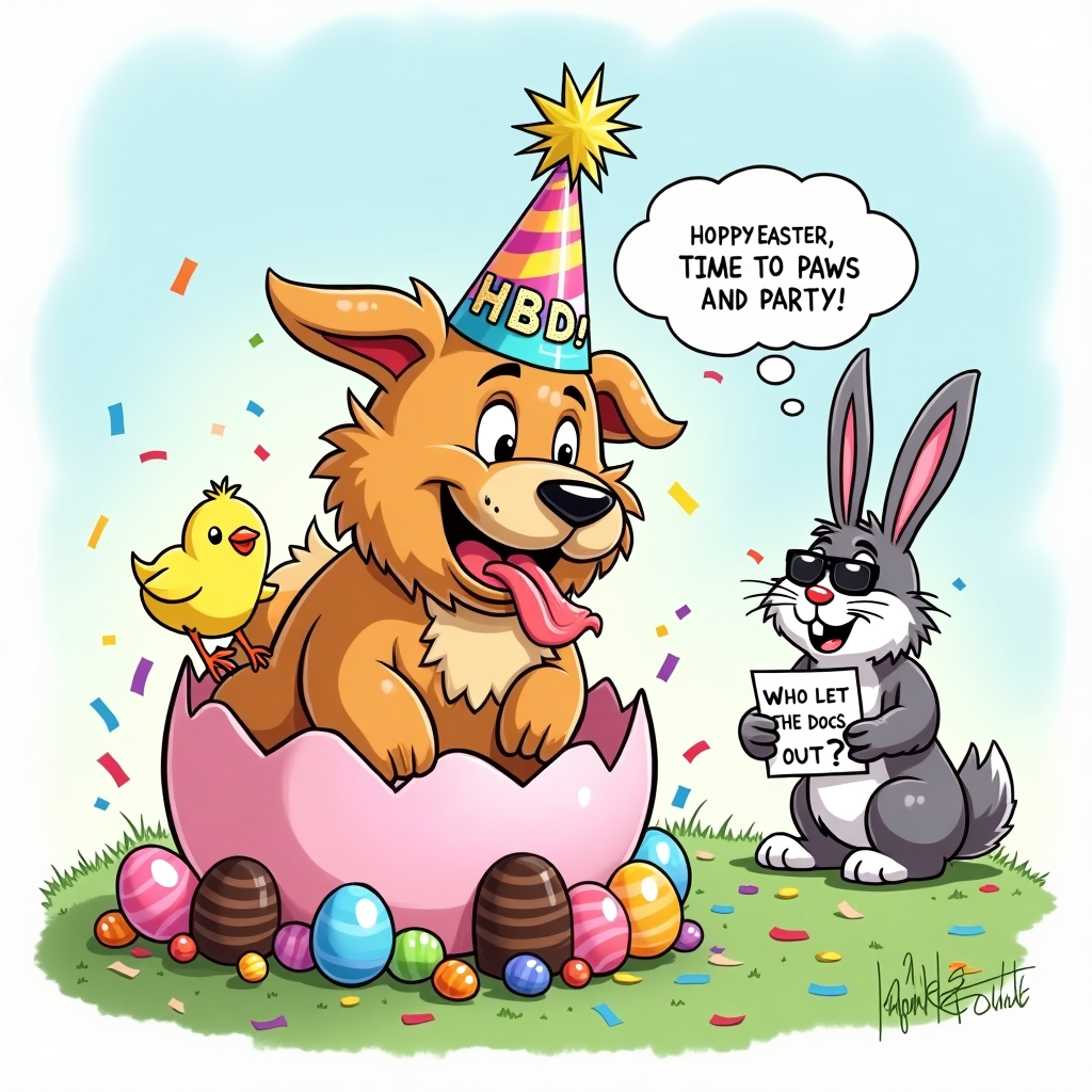 Dog wearing a party hat with the text HBD! Easter Card