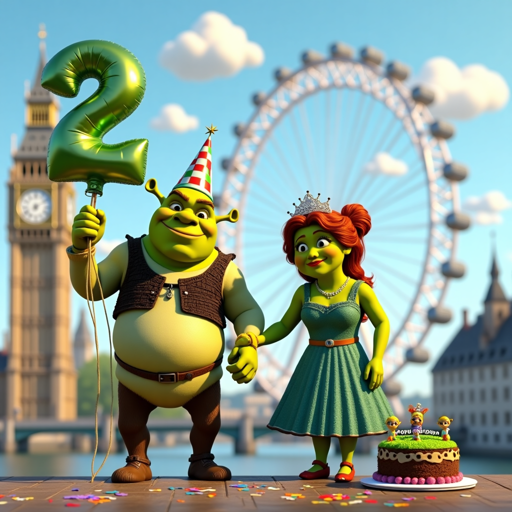 In the foreground of this birthday greeting card, place Shrek and Fiona standing side by side, holding hands, both dressed in festive party attire. Shrek is wearing a jaunty, oversized party hat with a checkered pattern in shades of green and blue, while Fiona dons a sparkling tiara adorned with tiny faux gemstones. 

Shrek is holding a large, shiny number '2' balloon in his other hand, which is a vibrant emerald green to match his own skin tone. The balloon has a glossy finish, reflecting the iconic London skyline in its surface.

Behind them, illustrate the iconic sights of London: Big Ben stands prominently on the left, its clock hands pointing to 2 o'clock, a playful nod to the theme. To the right, the London Eye is visible, its giant wheel dotted with colorful gondolas—some of them displaying small birthday banners.

In the sky, craft fluffy white clouds, where the word "Logan" is subtly written in a wispy, cloud-like font, blending seamlessly with the sky's soft baby blue hue.

At their feet, depict a cobblestone street, typical of London, with scattered confetti in vivid colors like red, yellow, and purple, giving a sense of celebration. A small, round cake sits on a wooden table nearby, adorned with miniature figurines of Shrek and Fiona, and inscribed with "Happy Birthday Logan" in a bold, playful font. The cake is chocolate brown with vibrant green icing.

This realistic and colorful scene captures both the whimsical charm of Shrek and Fiona and the iconic atmosphere of London, all wrapped in a cheerful birthday setting.
Generated with these themes: Shrek and Fiona in London holding a number 2 ballon and happy birthday logan.
Made with ❤️ by AI.