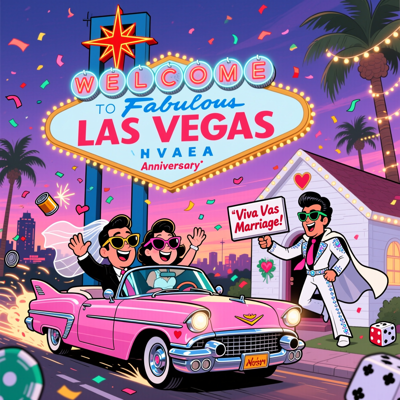Playful cartoon with exaggerated proportions, thick black outlines, and bright saturated colors. Vertical, full-bleed composition bursting with energy and humor. Scene: At neon-lit twilight, Konstantin and Kirsty zoom away from a little white Las Vegas wedding chapel in a shiny Elvis-pink 1950s Cadillac convertible with huge chrome tailfins, hearts and confetti fluttering, tin cans bouncing behind, motion lines and sparkles showing speed. The couple are cute, stylized cartoons—big smiles, oversized sunglasses; Kirsty’s veil and Konstantin’s tie whip in the wind as they wave.

To the side, outside the tiny white chapel, a cheerful caricature of Elvis Presley (big pompadour, white rhinestone jumpsuit and cape, sunglasses) waves while holding a sign that reads exactly: “Viva Las Marriage”.

Dominating the sky is a big retro roadside sign styled like the classic Las Vegas welcome sign, with glowing marquee bulbs and a red starburst topper. In bold, celebratory letters it reads exactly: “Happy First Wedding Anniversary”. Directly beneath it, in one single line of glowing cursive neon, add the names exactly: “Konstantin & Kirsty”. Make the neon realistically glow and reflect off the Cadillac’s chrome.

Background: palm trees with twinkly lights, hints of casino silhouettes, oversized dice and poker chips as playful confetti, a rosy–purple sunset gradient sky. Palette: candy pinks, electric teals, neon reds, lemon yellows, deep blues; strong cel-shaded contrast. Overall vibe: fun, romantic, a little cheeky.

Include one small, cheeky caption at the bottom, centered and unobtrusive, as hand-lettered cartoon text: “Still the best bet in town!” Ensure all required text is crisp, legible, and integrated as signage/neon within the scene. No photo realism.
Generated with these themes: Konstantin & Kirsty cruise off from a little white Las Vegas chapel in a shiny Elvis-pink Cadillac, They are driving away from a little white chapel in Las Vegas, which has  Elvis Presley with  sign "Viva Las Marriage", Instead of the “Welcome to Las Vegas” sign, please show the words: “Happy First Wedding Anniversary” in the same style, Add “Konstantin & Kirsty” in one line, glowing like neon lights., and .
Made with ❤️ by AI.