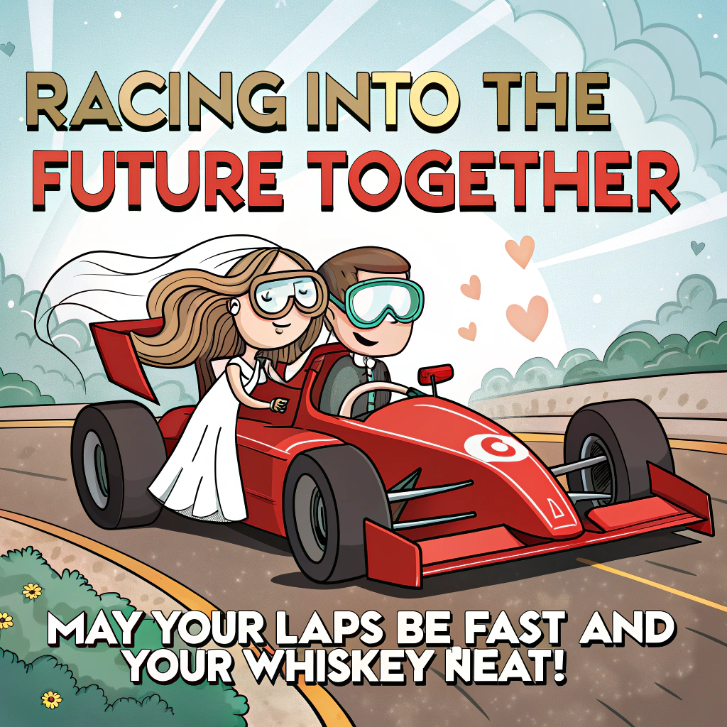 At the top of the Cartoon Style image, "Racing Into The Future Together"

At the bottom of the image, "May your laps be fast and your whiskey neat!"

- In the center, depict a playful, exaggerated cartoon bride and groom crammed into a bright red Formula 1 car, zipping along the Silverstone track with huge grins visible through oversized visors. The bride’s veil streams out like a turbo-charged flag; the groom’s bow tie flutters comically in the wind.
- Transform the car’s nose cone into a gleaming whiskey barrel motif, with a few tiny “just married” mini-barrels clinking behind on strings like tin cans. Tire smoke curls into heart shapes; dynamic speed lines and swooshes amplify motion.
- Set the scene at Silverstone: show the iconic Silverstone Wing building stylized in bold shapes, red-and-white curbs, a big checkered flag, and a trackside banner reading “SILVERSTONE.” Add a pit board that cheekily reads “P1: JUST WED.”
- Replace a champagne spray moment with a golden, fizzy whiskey burst from a trophy-decanter, sparkling in the air like confetti, while cartoon pit crew characters cheer and toss checkered-heart petals.
- Style: thick black outlines, bright saturated colors (racing reds, sunshine yellows, electric teals, deep racing green, bold black-and-white checks), bold cel-shading, bouncy proportions (big heads, small bodies), and whimsical, energetic poses.
Generated with these themes: Formula 1, Silverstone, Whiskey, and .
Made with ❤️ by AI.