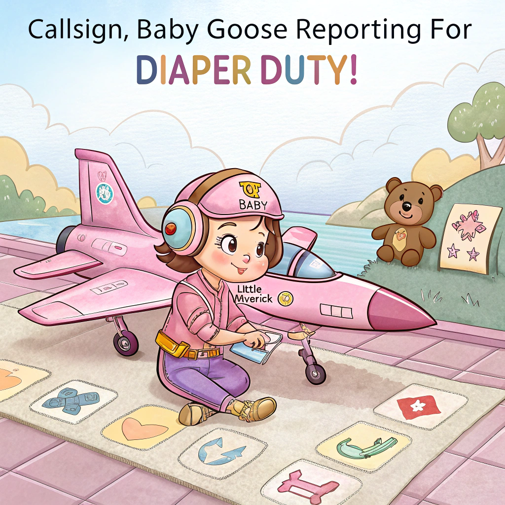 At the top of the image, "Callsign: Baby Goose—Reporting for Diaper Duty!"

- In the center of the image, illustrate a cartoon baby girl dressed in an oversized aviator helmet and tiny pink flight jacket with patches that read “Top Baby” and “Little Maverick.”
- She’s sitting confidently in a toy fighter jet (painted pastel pink with rainbow sparkles), which is parked on a baby playmat runway made of alphabet tiles.
- In the background, a squadron of teddy bears in tiny jetpacks flies in perfect formation, trailing rainbow-colored contrails.
- A couple of baby bottles shaped like fuel canisters lie nearby, and a tiny stuffed volleyball bounces off to one side as a nod to Top Gun’s iconic beach scene.
- Add at the bottom of the image, "Welcome to the Danger Cuddle Zone!"
Generated with these themes: A cute scene from a top gun for a baby girl.
Made with ❤️ by AI.