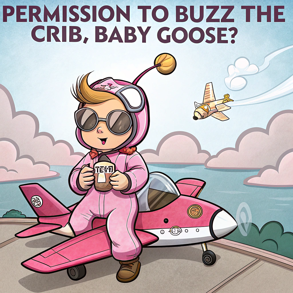 At the top of the image, "Permission to Buzz the Crib, Baby Goose?"

- In the center of the image, depict a cartoon baby girl in a pink flight suit and oversized aviator sunglasses, seated in a toy fighter jet that's zooming low over a crib, complete with smoke trails behind it.  
- The jet is playfully marked “CUTE-1” on the side.  
- A flustered cartoon stork, holding a baby bottle, dives out of the way in surprise.  
- Plushies shaped like mini aircraft carriers and clouds are scattered below, while other baby toys salute as she flies over.  
- The background has blue skies, fluffy clouds, and baby-pink contrails spelling “TOP TOT”.  

At the bottom of the image, "She’s got the need... the need for feeds!"
Generated with these themes: A cute scene from a top gun for a baby girl.
Made with ❤️ by AI.