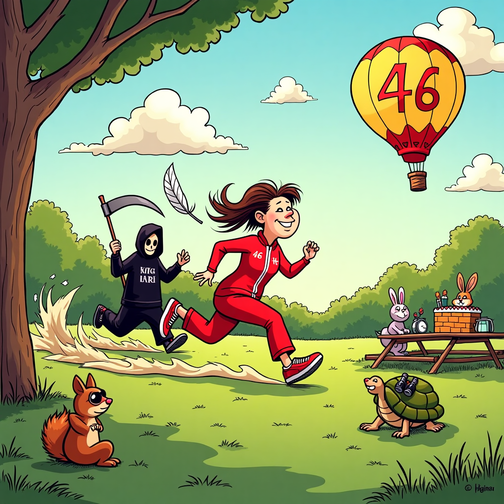 In the cartoon scene, envision a sunny park filled with a burst of vibrant colors and whimsical characters, akin to the joyful chaos of a Charles Schulz comic strip. At the center of the card, a lively chase is unfolding: Jaclyn, a spry and sprightly 46-year-old, is sprinting across the grassy expanse with a mischievous grin, while the Grim Reaper, in a comically exaggerated form, follows in hot pursuit. Instead of a menacing scythe, the Reaper wields an oversized, harmless feather, symbolizing the lighthearted theme of the chase.

Jaclyn's outfit is playful, a bright red tracksuit emblazoned with the number "46" in bold, cartoonish numerals, each digit playfully running beside her as if they, too, are part of the race. Her sneakers, styled like those from an Astro Boy comic, leave a trail of dust clouds reminiscent of Bill Watterson's energetic sketches. Nearby, the iconic "46" appears again, creatively forming part of a tree's branch structure, as if the very environment is celebrating her age.

In the background, a hot air balloon drifts lazily in the sky, its envelope adorned with the words "Happy Birthday, Jaclyn!" in an elaborate font that looks like it was borrowed from the Tintin comics, perfectly framing the scene from above. The clouds form playful shapes, one of which resembles a cartoonish cake with candles, adding an extra layer of birthday cheer.

Around the park, other quirky characters from the 'Far Side' universe are witnessing the spectacle: a squirrel with sunglasses munching on popcorn, a turtle holding a stopwatch, and a rabbit with binoculars perched atop a picnic basket. Each character has their unique, expressive face, inviting viewers to smile.

On a nearby picnic table, a slice of birthday cake sits unattended, but the letters on the icing cleverly spell out "Run, Jaclyn, Run!" in a bubbly, R. Crumb-inspired font. The setting sun casts a warm glow over the scene, highlighting the joyful absurdity of this birthday adventure.
Generated with these themes: Running from grim reaper., and 46 years old.
Made with ❤️ by AI.