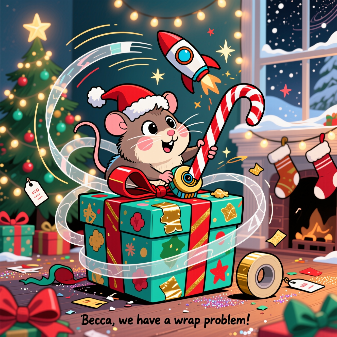 Playful, funny Christmas cartoon scene of Rocket, a tiny baby hamster with big sparkly eyes, chubby cheeks, and an askew mini Santa hat, utterly tangled in gift wrap while trying to wrap Becca’s present. A gigantic, half-wrapped gift box dominates the frame, covered in mismatched festive paper, lumpy tape blobs, and knotted red-and-gold ribbon. Rocket spins mid-air in a whirlwind of transparent tape loops and curly ribbon, one paw stuck to a tape dispenser, the other gripping a candy-cane–striped wrapping paper tube like a rocket booster; motion lines, star sparkles, and a swirling “galaxy” of scrap paper accent the chaos. Cozy holiday background with a glowing Christmas tree, twinkling fairy lights, stockings on a mantle, and snow outside a window; scattered bows, tags, and glitter on the floor. Exaggerated proportions, thick black outlines, bright saturated colors (peppermint reds, holly greens, icy teal, gleaming gold), bold cel shading, and bouncy, whimsical poses. Full-bleed portrait composition with clear space at the bottom for a tiny line of text. Add a small, cheeky, hand-lettered caption at the bottom center: “Becca, we have a wrap problem!”
Generated with these themes: Rocket the baby hamster got in e real mess wrapping Becca’s present, and .
Made with ❤️ by AI.