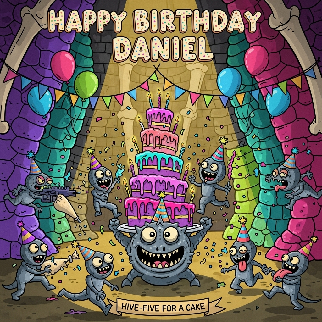 At the top of the Cartoon Style image, "Happy Birthday Daniel"

Playful cartoon characters with exaggerated proportions, thick outlines, bright saturated colors, and whimsical, energetic poses. Funny scene: inside a Tyranid hive turned party zone. Center stage is a towering, multi-tier birthday cake that looks half bio-organic, half bakery—neon pinks and purples, chitin-texture icing, glossy frosting drips, and tall wobbly candles. A big, goofy, big-eyed Tyranid Hive Tyrant in a tiny tilted party hat proudly presents the cake, grinning. Around it, little gaunts in party hats bounce and zip: one pipes icing from a bio-weapon like a pastry bag, another fires confetti, another steals a sprinkle with a long, silly tongue. Spore-balloons float overhead, bunting stretches between bony spires, and confetti rains down. Warm party spotlight on the cake; candy-colored hive walls in purples, teals, lime greens, and hot pink. Bold black outlines, glossy highlights, simple soft shading, and dynamic motion lines. No gore—purely playful and humorous.

Style the title text as big, bouncy icing letters with subtle chitin ridges, sprinkles, and a fun drop shadow.

Add one small cheeky caption on a ribbon at the bottom: "Hive-five for cake!"
Generated with these themes: Warhammer Tyranids, Birthday Cake, and .
Made with ❤️ by AI.