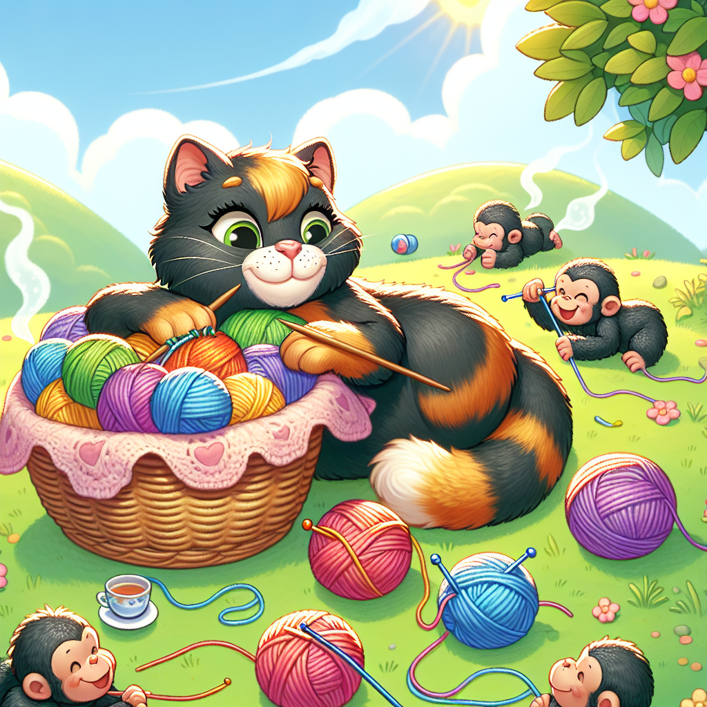 Depict a heartwarming cartoon setting on a sunny hill. In the middle, a tortoiseshell feline is comfortably wrapped around a basket filled with multicolored woolen balls, which seem to be part of an interrupted knitting project. Not far from it, three infant gorillas are joyously playing, mimicking the cat's actions with their miniature knitting tools. Scattered around the area, little teacups release traces of vapor, hints of a freshly enjoyed tea time, adding a cozy touch to the environment, much in keeping with the theme of Mother's Day.
Generated with these themes: Knitting , Tortoise shell cat, Baby gorillas, and Tea.
Made with ❤️ by AI.