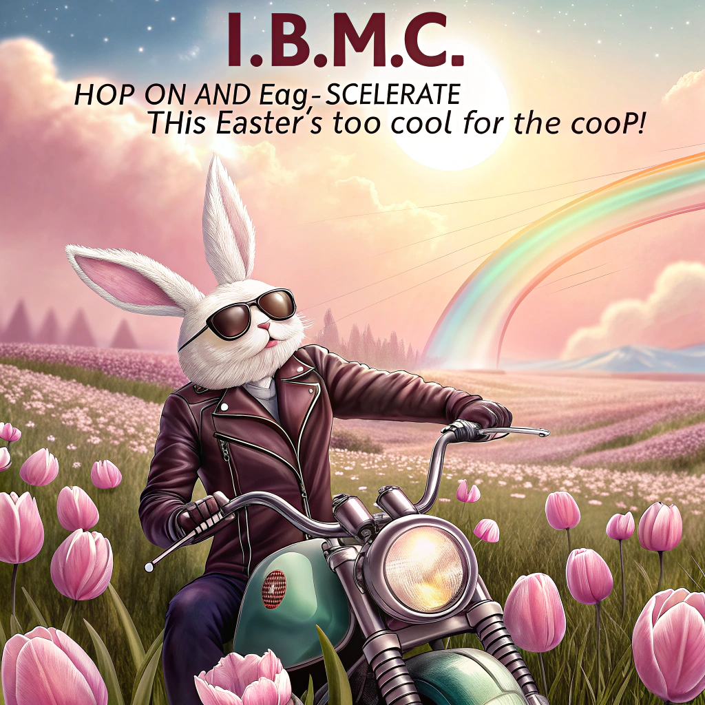 Bunny riding , Mini Motorcycle , Meadow , Leather jacket, and Easter eggs Easter Card