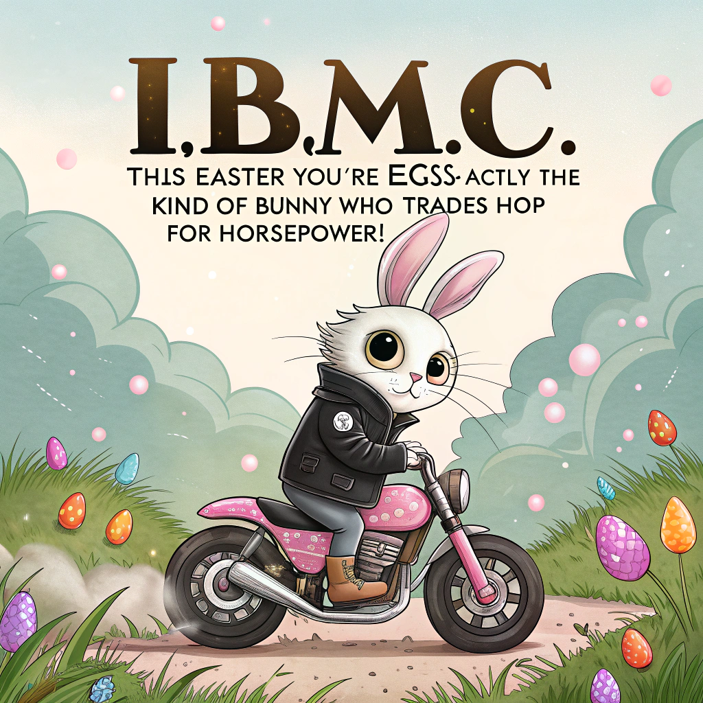 At the top of the image, "I.B.M.C., this Easter you're eggs-actly the kind of bunny who trades hop for horsepower!"

- In the center of the image, depict a surreal cartoon bunny with wild eyes and windswept ears, clad in a tiny black leather jacket covered in quirky Easter-themed patches (like carrot skulls and egg-shaped lightning bolts).  
- The bunny is revving a miniature candy-colored motorcycle—pastel pink with jellybean tires and glitter exhaust—blazing through a dreamy meadow.  
- The meadow is bursting with oversized, floating Easter eggs that bob gently in the air like helium balloons on invisible strings.  
- The bunny’s trail kicks up sparkles, chocolate shavings, and confetti chicks, as if Easter exploded in biker form.  
- In the distance, watchful daffodils wear aviator sunglasses and throw tiny flower petals in admiration.
Generated with these themes: Bunny riding , Mini Motorcycle , Meadow , Leather jacket, and Easter eggs.
Made with ❤️ by AI.