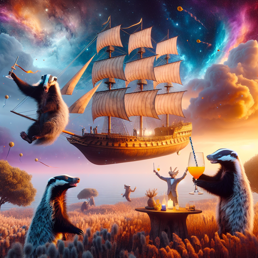 Imagine an unusual birthday party located within a dream-like landscape. At the center, a grand three-mast ship is suspended mid-air, fabric sails fluttering despite the absence of a breeze. Contrasting the peaceful image of the levitating boat, there are honey badgers dancing joyfully on the deck, their fur glittering with an otherworldly luminescence. All around, the sky displays an array of absurd colors that defy normal descriptions. Party guests are seen intermingling, toasting with glasses filled with a glowing drink that somehow possesses a vivid, storm-like quality, providing a taste that is both comforting and mysteriously complex.
Generated with these themes: Honey badger, Sailing, and Gin.
Made with ❤️ by AI.