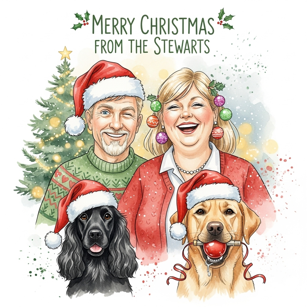 At the top of the Watercolor Style image, "Merry Christmas from the Stewarts" in playful hand-lettered watercolor script, holly green with tiny gold-flecked splashes and a soft white glow for legibility.

A funny, cozy watercolor portrait: center a cheerful middle-aged couple and their two mischievous dogs in a loose, airy scene. The man is middle-aged with blonde hair and a blonde goatee, wearing a classic red Santa hat and a delightfully tacky festive sweater; he grins with one eyebrow cocked. Beside him, a plump middle-aged woman with blonde hair laughs warmly, her hair whimsically decorated with shiny Christmas baubles (a few dangling like earrings), and a cozy red cardigan. In front, a black cocker spaniel sits proudly in a slightly-too-big Santa hat flopped over one ear, silky wavy ears and bright, impish eyes. Next to it, a golden Labrador in a Santa hat presents a bright red bauble in its mouth with comic pride, a tiny glint of drool and a loose strand of tinsel trailing like a victory ribbon.

Set them against a softly suggested holiday backdrop: a loosely painted, slightly wonky Christmas tree off to one side, glowing fairy-light bokeh as warm golden dots, and delicate snow-like paint splatters drifting across the scene. Use soft watercolor washes, delicate gradients, and subtle pigment blooms; let colors bleed charmingly at the edges (wet-on-wet) with visible cold-pressed paper texture. Keep outlines minimal and soft, with a festive palette of cranberry reds, pine greens, warm golds, and snowy whites. Add playful watercolor splashes around the dogs for motion and humor, and a few gentle highlights reserved from the white of the paper on the baubles and eyes.

At the bottom in small, cheeky watercolor lettering, add: "Powered by cookies and dog drool."
Generated with these themes: .
Made with ❤️ by AI.