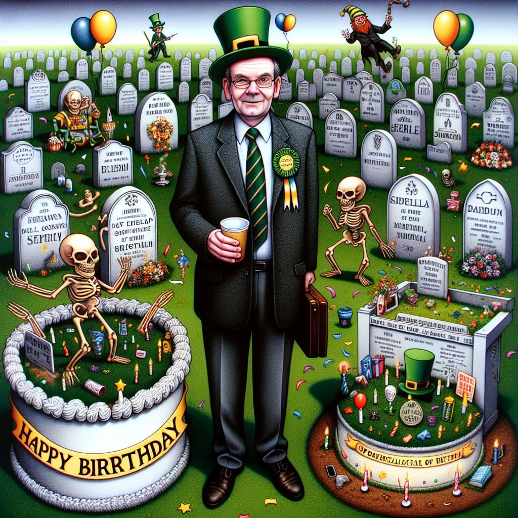 An Irish funeral director, of Caucasian descent and possessing a noticeably cheerful demeanour, stands amidst a graveyard that has been whimsically illustrated. The layout is peculiar - with tombstones that uncannily resemble birthday cakes. Festive elements such as balloons and confetti are discernable, strewn hither and thither. A sprite-like creature, potentially identifiable as a leprechaun, engrosses himself in a dance, wielding a sign that reads 'Happy Birthday'. The juxtaposing theme of life and death is highlighted through more details - the man sports a birthday hat, and skeletons, cartoonishly rendered, spring out from the ground, extending birthday wishes via a 'Spook-tacular Birthday' message.
Generated with these themes: Irish, Man with no beard, Funeral Director, and Birthday.
Made with ❤️ by AI.