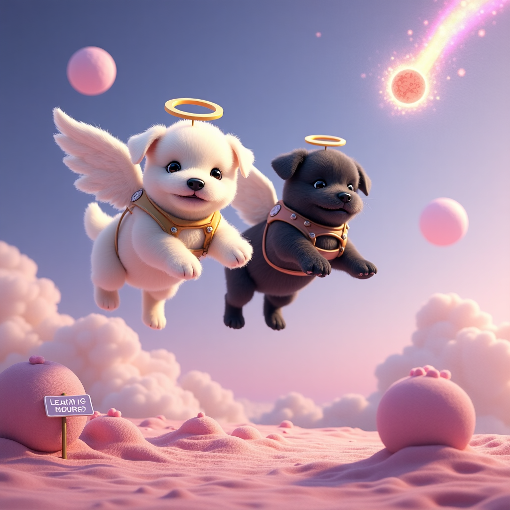 At the top of the realistic photograph image, "Welcome to Earth, Antton – the Dog Angels Took a Wrong Turn!"

A hyper-realistic, whimsical photograph of a white fluffy dog with tiny angel wings and a mischievous smirk soaring alongside a black scruffy dog wearing a mini halo, both flying awkwardly with baby gear (rattles, bottles, nappies) strapped to their backs. They are gliding over a candy-colored alien planet with pastel purple skies, two moons, and a “BABY LANDING ZONE” sign planted on the surface. In the distance, a comet shaped like a pacifier streaks across the sky, leaving a sparkling rainbow trail. The whole scene feels like a bizarre celestial mix-up — and Antton is clearly the unexpected star of the show!
Generated with these themes: White and black angel dog, Flying, and Another planet.
Made with ❤️ by AI.