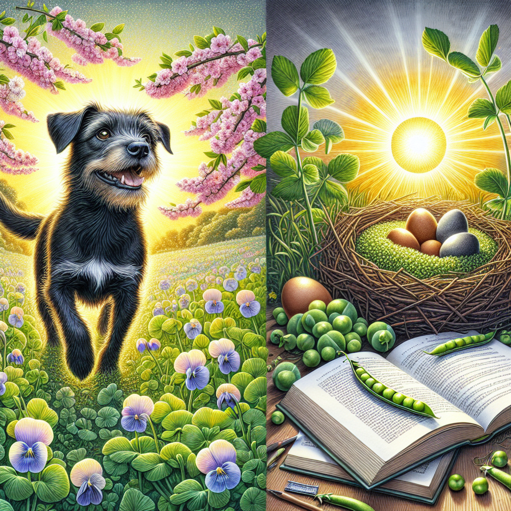 A detailed illustration set in a thriving meadow under a vibrant, golden sun. Arnie, portrayed as a playful black dog, trots amidst the field sprinkled with cherry blossoms, radiating the soft glow illuminated by the filtered sunlight passing through the petals. In the immediate foreground, a collection of open books lay with pages lightly tousled by the wind, placed adjacently to sprouting pea plants. Beside them, a meticulously positioned bird's nest cradles a group of eggs, symbolically representing the nurturing aura of Mother's Day.
Generated with these themes: Her black dog called Arnie, sunshine, cherry blossom, peas, eggs and books.
Made with ❤️ by AI.
