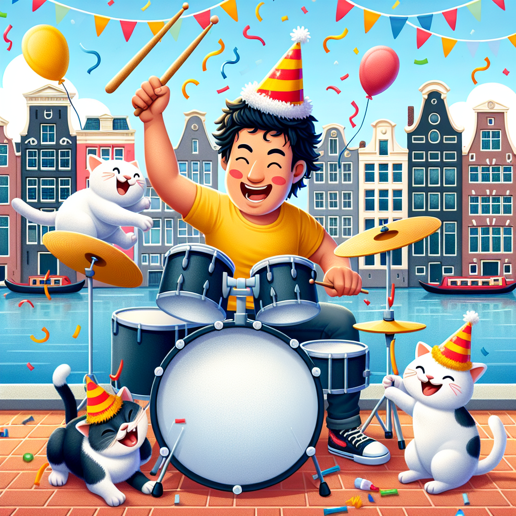 Generate a delightful birthday illustration showcasing a cheerful Asian male drummer enthusiastically brandishing a drumstick while seated at his drum kit in the lively city of Amsterdam. Two lovable cats, one White and the other Black, don party hats as they engage in playful antics, batting at the cymbals of the drum kit. Surrounding this scene are the iconic canal houses that define Amsterdam's cityscape, under a sky festively enhanced with a multitude of colorful balloons and swirling streamers.
Generated with these themes: Husband, Drummer, Cats, and Amsterdam.
Made with ❤️ by AI.
