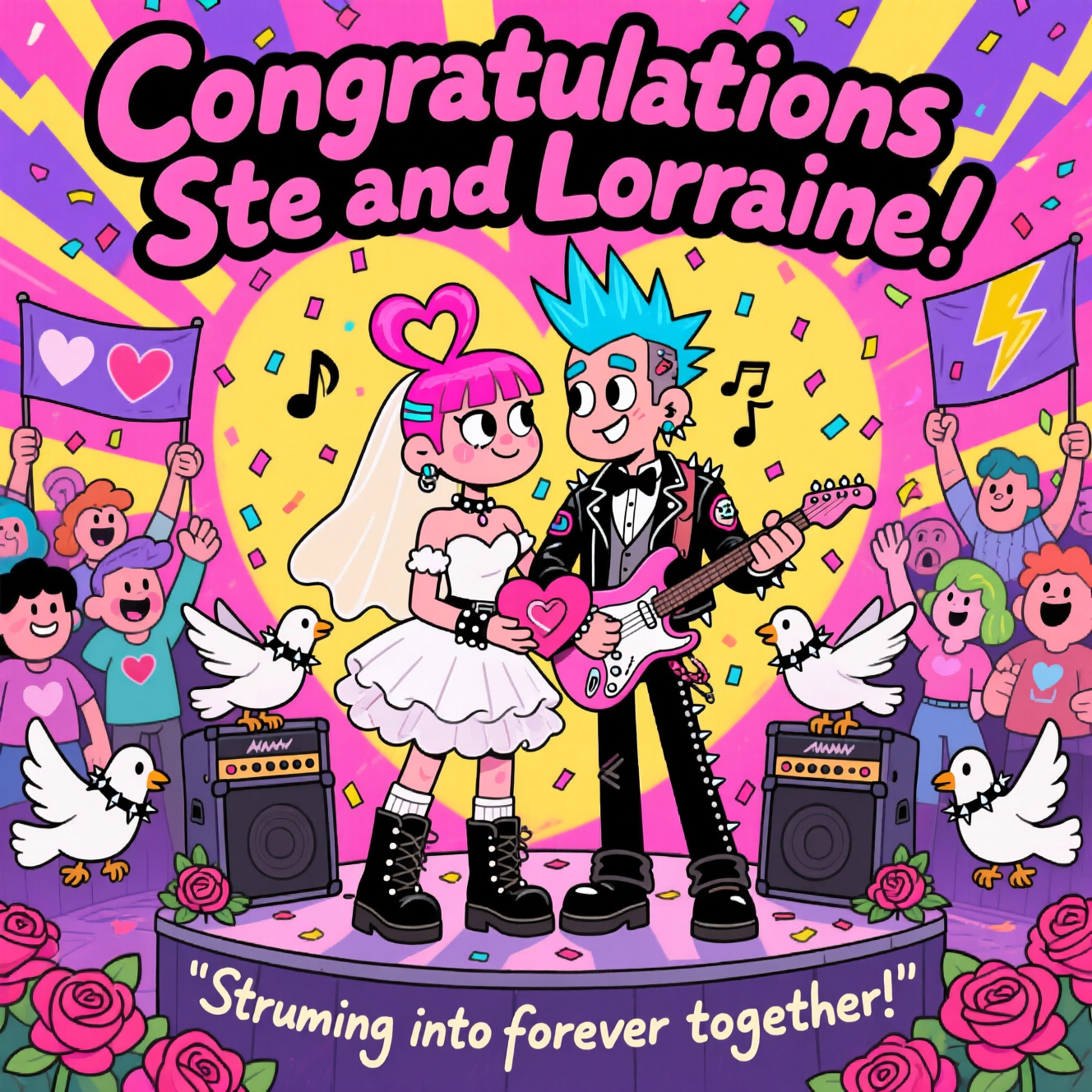 At the top of the Cartoon Style image, write in bold, playful lettering: **Congratulations Ste and Lorraine**.  

A vibrant, romantic cartoon scene of a punk rock wedding — the bride in a frilly white dress with combat boots, neon-pink hair swept into a heart-shaped mohawk, the groom in a leather jacket over his tux with studs and patches, his hair a bright electric blue. They are standing on a small stage decorated with roses and amps, surrounded by cartoon doves wearing tiny spiked collars. The couple are holding electric guitars crossed together like a heart, their eyes sparkling as confetti shaped like musical notes rains down. Behind them, a cartoon crowd of friends and quirky characters cheer, holding banners with hearts and lightning bolts. The background is a burst of bold, saturated colors — pinks, purples, and yellows — with thick outlines and energetic lines showing movement. At the bottom, in playful hand-lettered script: *"Strumming into forever together!"*
Generated with these themes: Punk rock music, and .
Made with ❤️ by AI.
