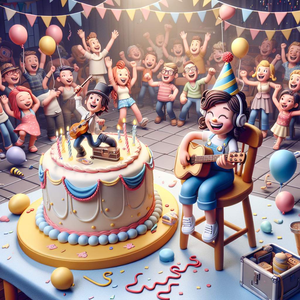 An image of an animated birthday party in full swing, populated by light-hearted cartoon characters engaged in playful calisthenics contests. A guitar leans against a chair in one corner of the room, adorned with balloons tied to its headstock. A female character joyfully cheers on the crowd, holding a whimsical cake in her hands. The cake is topped with a fondant figure resembling a boy happily strumming a guitar. The scene is further brought to life by a festive background adorned with a burst of confetti and streamers.
Generated with these themes: Guitar, Christian, Calisthenics, and Girlfriend.
Made with ❤️ by AI.