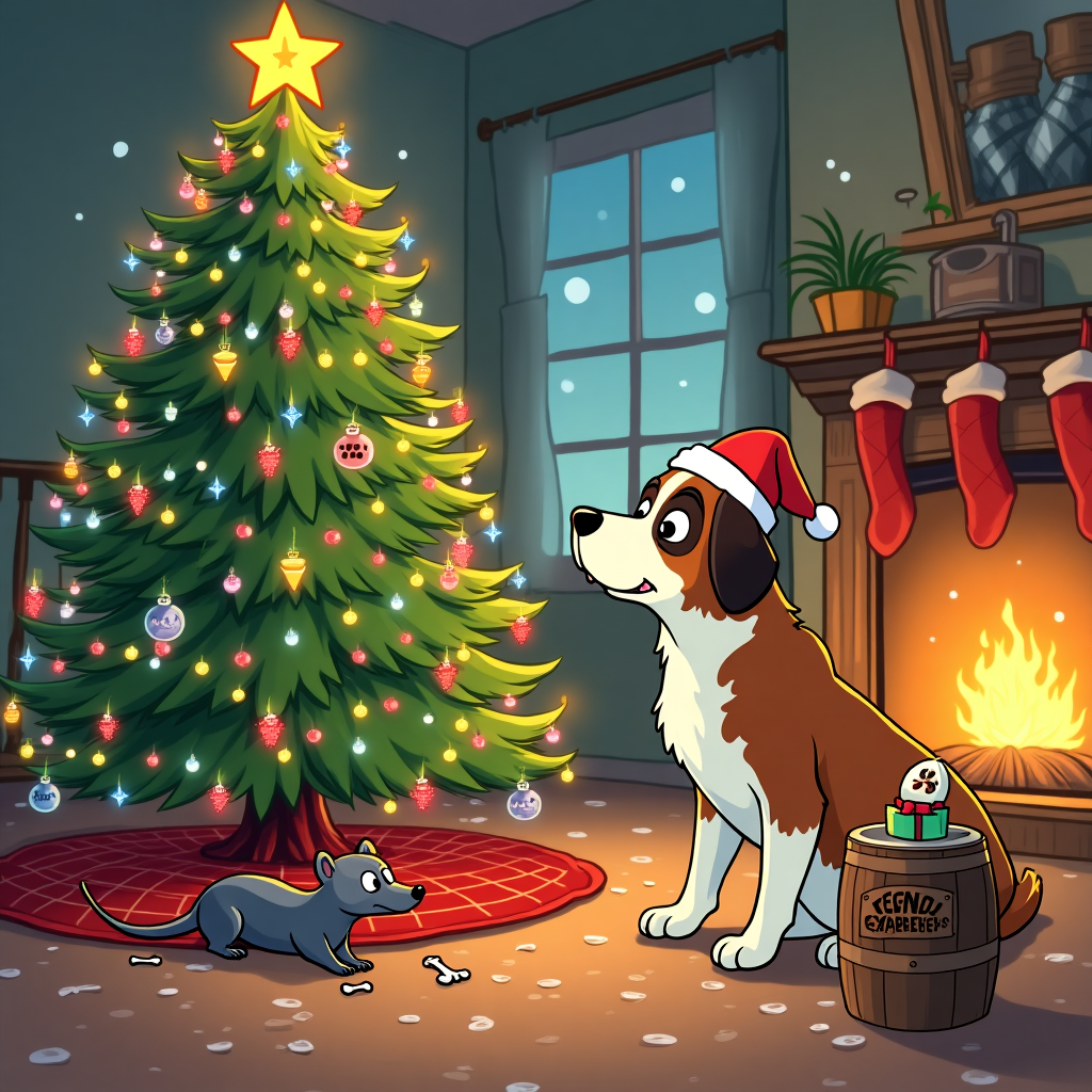 Have a ferret and  a Bernesemountain dog and a St. Bernard that looks like Beethoven around a Christmas tree Christmas Card