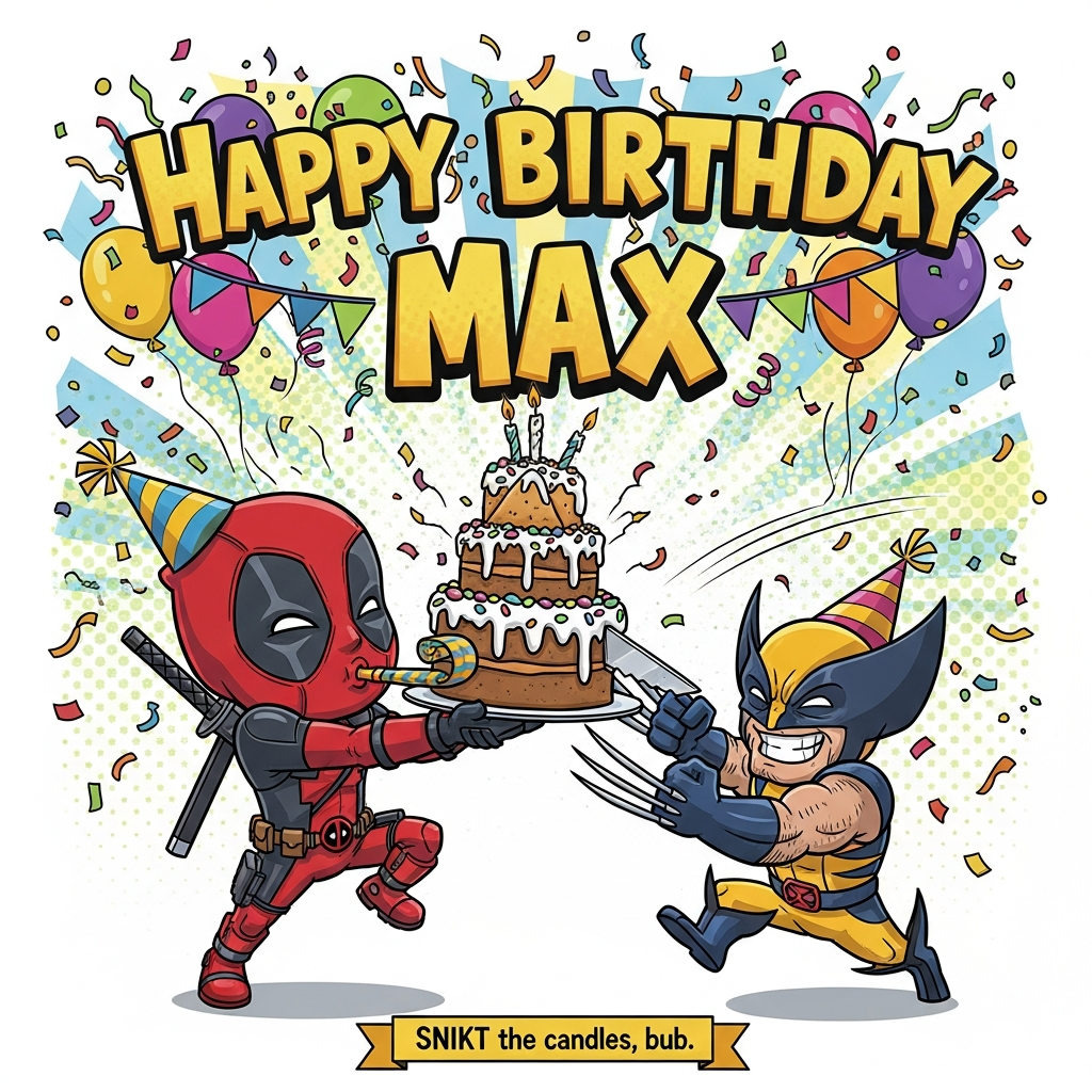 At the top of the Cartoon Style image, "Happy Birthday Max" in big, bouncy bubble letters with glossy highlights, confetti and streamers bursting around the title.

Playful, funny, high-energy cartoon scene with exaggerated proportions, thick black outlines, and bright saturated colors. Deadpool (chibi-style, oversized head and hands) springs in from the left wearing a tilted party hat, blowing a party horn, and presenting a towering, over-the-top sprinkle cake; a chimichanga sticks out like a candle. Wolverine (short, stocky, grinning) in his classic mask and suit bounds in from the right, party hat on, claws out but used harmlessly to neatly slice the cake mid-air. Big expressive eyes, dramatic motion lines, and a swirl of rainbow confetti, balloons, and streamers fill the scene; no gore, just slapstick silliness. Background is a bright comic burst with halftone dots and a festive color gradient; glossy highlights and chunky cel shading keep everything bold and vibrant. Keep composition tight and image-first, characters large and front-facing, with lots of cheeky, dynamic energy.

At the bottom, a small playful ribbon caption reads: SNIKT the candles, bub!
Generated with these themes: Deadpool, Wolverine, and .
Made with ❤️ by AI.