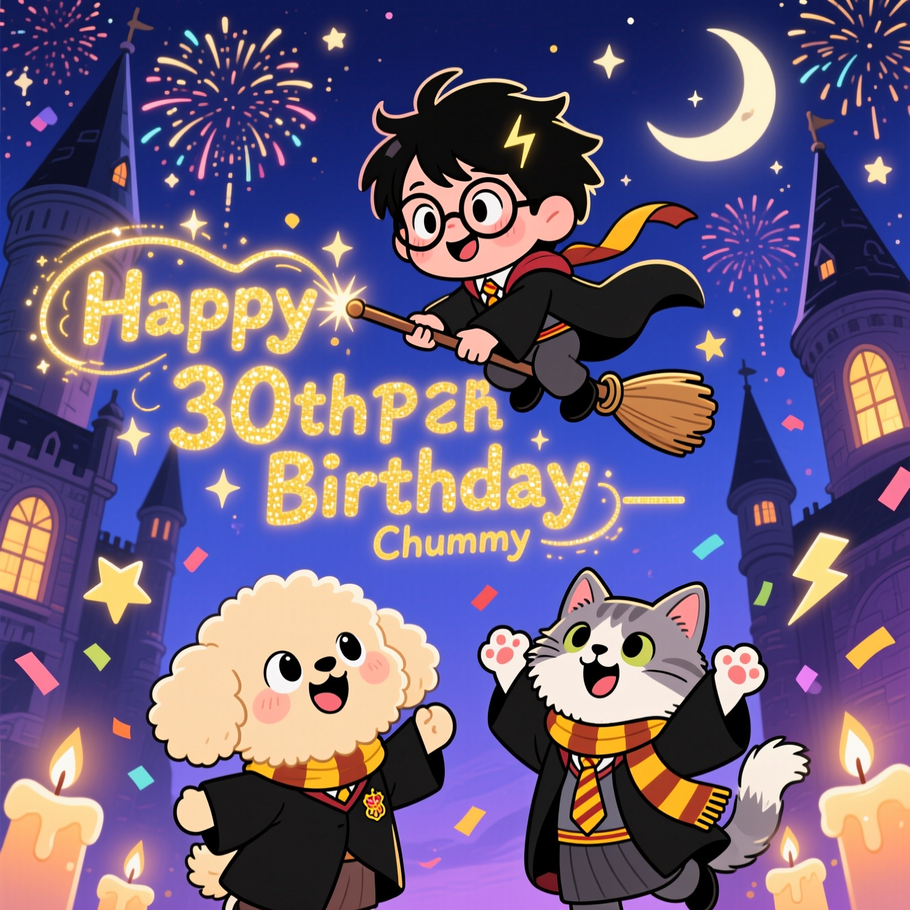 Playful cute cartoon in portrait 4:5, thick bold outlines, bright saturated colors, chibi proportions, energetic poses. Night sky over Hogwarts castle in the background: tall turrets, warm glowing windows, crescent moon, fireworks and starry sparkles. At the very top of the image, a cute chibi Harry Potter zooms on a broom, round glasses, messy black hair, lightning scar, flowing robe, grinning, wand pointed downward. From his wand, a swirling golden spell writes in big luminous letters across the sky: Happy 30th Birthday Chummy — clear, crisp, legible, glittering, with lightning-bolt sparkles and magical particles. Bottom foreground: two adorable characters in Hufflepuff uniforms (black robes, yellow-and-black scarves/ties), looking up excitedly with big sparkling eyes—one cream fluffy Chow Chow, one fluffy grey-and-white Maine Coon—paws up, bouncing, joyful. Add floating candles, confetti shaped like stars and lightning bolts, gentle glow, soft cel shading, vibrant midnight blues and purples contrasted with warm gold. Clean composition with lots of image area, no extra text beyond the spell writing, high detail, crisp lines, no watermark.
Generated with these themes: .
Made with ❤️ by AI.