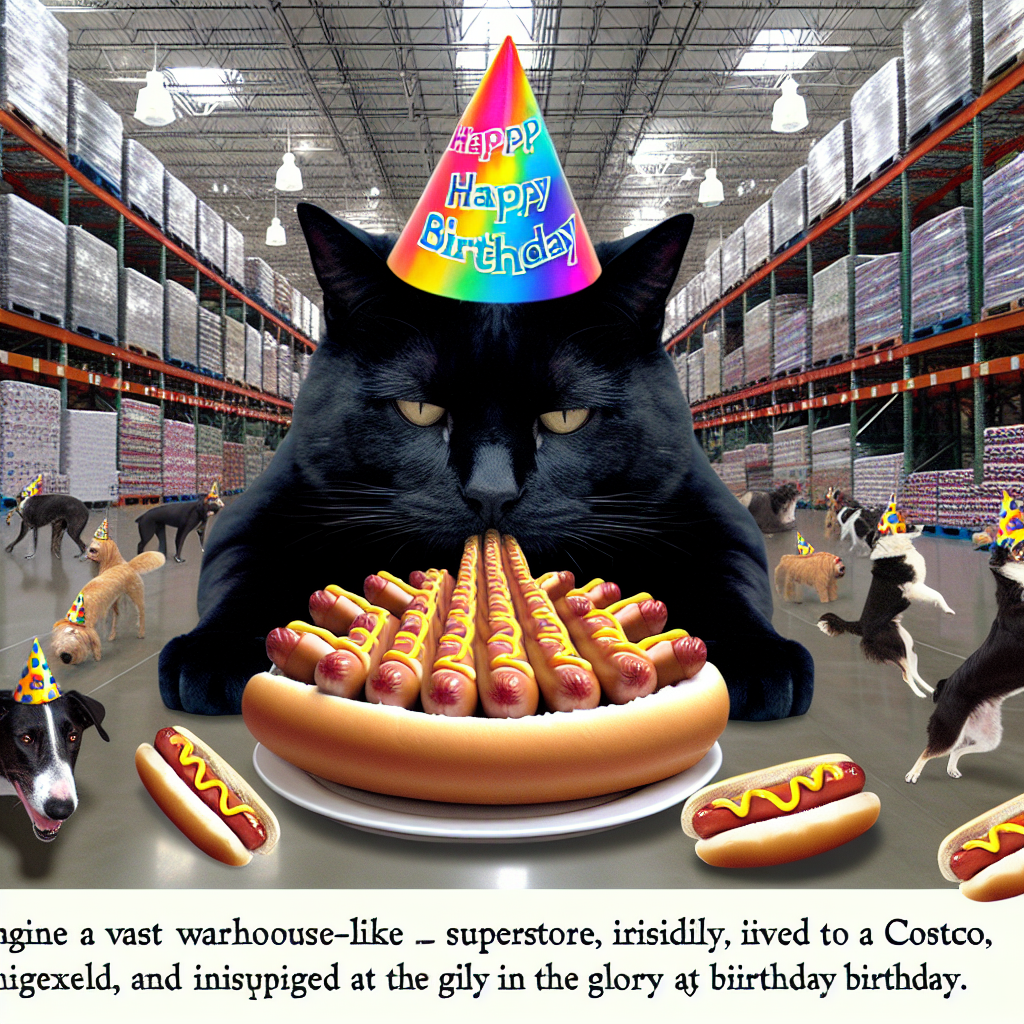A big black gay cat in costco eating hotdogs with his dog friends wearing birthday party hats on his birthday, with some doing gymnastics in the background Birthday Card