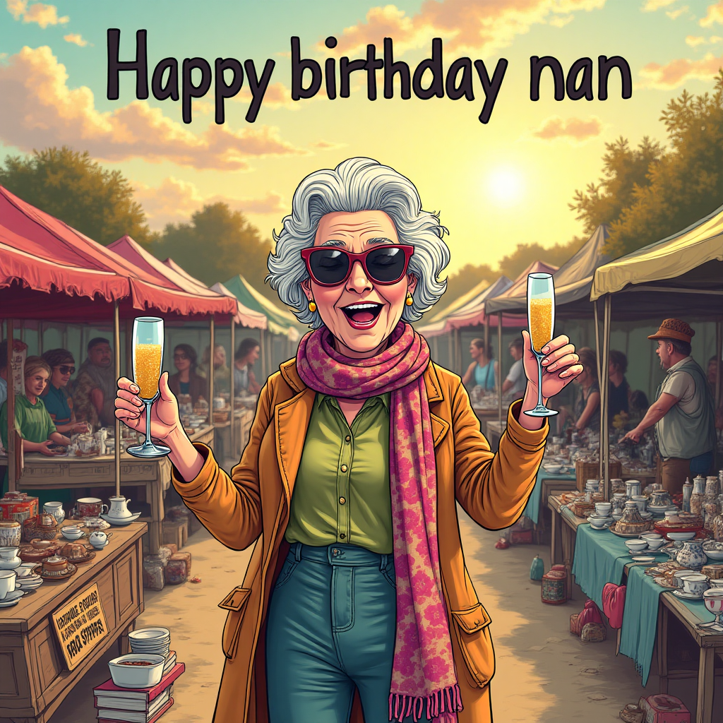At the top of the Illustration Style image, place the text: "Happy birthday nan"

---

Imagine a whimsical scene at a bustling car boot sale, where quirky characters gather. In the foreground, a stylish grandmother, wearing oversized sunglasses and a colorful scarf, confidently holds a glass of prosecco in one hand and a cheeky spliff in the other. Her laughter is contagious, and she exudes a lively spirit.

Surrounding her, tables are piled high with eclectic trinkets and curiosities, from vintage teacups to old vinyl records. A nearby sign humorously advertises: "Vintage Prosecco Glasses & Retro Spliffs - Aged to Perfection!"

The background showcases a patchwork of stalls, each manned by eccentric vendors, adding to the scene's charm. The sky above is painted in warm sunset hues, enhancing the playful and lighthearted mood. The overall composition is a vibrant, humorous tribute to the joy and spontaneity of birthday celebrations.
Generated with these themes: Spliff, Prosecco, Carboots, and .
Made with ❤️ by AI.