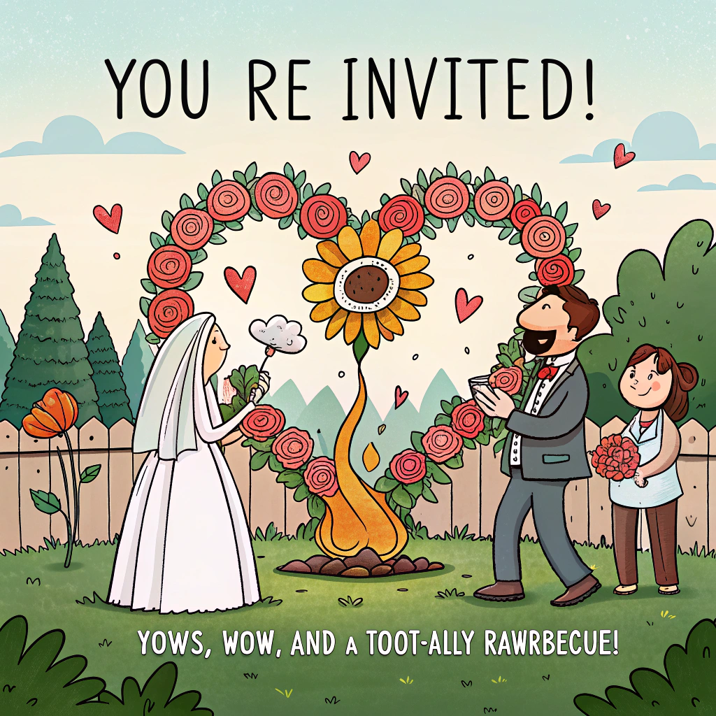 At the top of the Cartoon Style image, "You’re Invited!"

At the bottom of the image, "Vows, wow, and a toot-ally RAWRbecue!"

- Center scene: A lively backyard wedding under a giant heart-shaped flower arch bursting with oversized daisies, roses, and tulips. Two newlyweds with exaggerated, playful proportions beam under the arch—one with a comically long veil fluttering, the other in an oversized bow tie—both mid-giggle in energetic poses.
- Left side: A cozy bonfire crackles, casting a warm glow; guests toast marshmallows on super-long skewers, some marshmallows hilariously melting into heart shapes.
- Right side: A heart-shaped barbecue grill sizzles with cartoonishly plump skewers and heart-shaped veggie patties; fragrant smoke curls into soft heart and flower swirls.
- Foreground fun: A cheerful tuxedo dog trots in with a tiny ring pillow in its mouth, tail wagging so fast it’s a blur; a unimpressed cat in a mini veil or bow tie pads beside it, clutching a teensy bouquet.
- Star gag: A dapper T-rex with tiny arms and a boutonnière huffs into a giant shiny tuba; from the bell, bright musical notes, confetti, and petals billow upward, twirling around the scene.
- Background: String lights and bunting zigzag through a saturated sunset sky—pinks, oranges, and teals—framed by lush, oversize flowers and sprinkled petals on the grass.
- Style: Playful cartoon vibe with thick, inky outlines; bright, saturated colors; bouncy, whimsical energy; exaggerated expressions and poses.
- Lighting: Warm golden-hour glow mixed with the bonfire’s orange flicker; glossy highlights on the tuba and grill.
- Composition notes: Leave generous, uncluttered sky at the top for the headline and a clean, gently shaded strip at the bottom for the punchline; no other text.
Generated with these themes: Bonfire, barbecue, flowers, dinosaur, tuba, cat, dog , and .
Made with ❤️ by AI.
