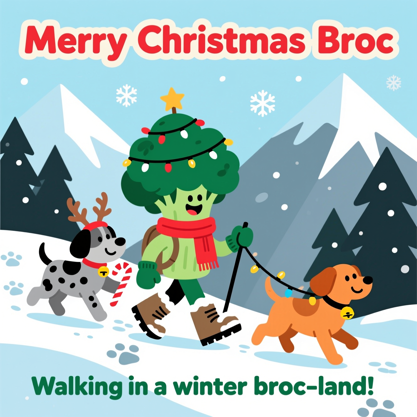 At the top of the Vector Style image, "Merry Christmas Broc"

At the bottom of the image, "Walking in a winter broc-land!"

- Center scene: an anthropomorphic broccoli person happily hiking a snowy mountain trail. The floret head acts like a mini Christmas tree, strung with a few flat-color fairy lights and topped with a tiny star. The broccoli wears a bright red scarf, green mittens, and chunky hiking boots dusted with snow.
- Companions: two dogs trotting alongside.
  - One grey-and-black dog (speckled coat, medium size) wearing a tiny reindeer antler headband and proudly carrying a candy cane.
  - One ginger dog (warm orange coat) with a jingle-bell collar, playfully tugging the end of the fairy lights trailing from the broccoli’s floret.
- Setting: clean flat-vector alpine backdrop of stylized, snow-capped triangular peaks and dark evergreen pines. A soft, pale blue sky with simple geometric snowflakes. Curving snowy path with crisp broccoli-boot prints and pawprints.
- Color/style: bold, flat color blocks; minimal or no gradients; crisp outlines; modern, playful graphic design. Palette of evergreen, broccoli green, cherry red, icy blues, charcoal, and warm ginger.
- Typography: big, bold rounded sans-serif lettering.
  - Headline in candy-apple red with a thin cream outline for contrast.
  - Punchline in deep evergreen with a subtle off-white outline.
- Composition: generous negative space around the top and bottom text; characters centered and slightly forward; balanced, clean vector look with sharp, tidy edges.
Generated with these themes: , and .
Made with ❤️ by AI.