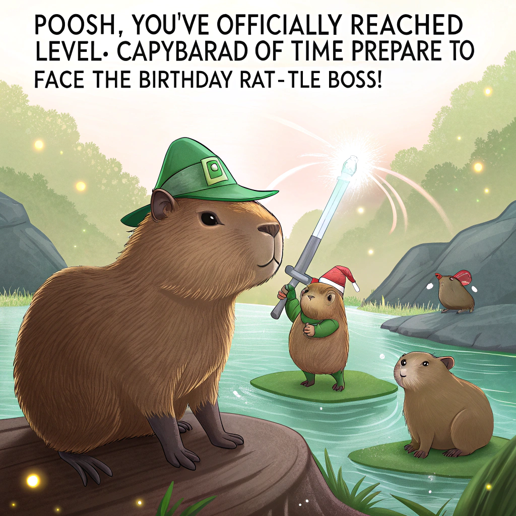 At the top of the image, "Poosh, you've officially reached Level: Capybarad of Time — prepare to face the Birthday Rat-tle Boss!" 

- In the image: A hilariously realistic photograph featuring a wise-looking capybara wearing Link’s green hat and holding a tiny plastic Master Sword in its mouth, calmly soaking in a hot spring surrounded by chill, robed rats mimicking characters from Undertale. One rat holds up a glowing soul-shaped balloon while another suspiciously resembles Sans, wearing shades and offering Poosh a slice of birthday cake. A fairy light string hangs behind them with “HAPPY BIRTHDAY” spelled out in Triforce symbols.

- Mood: Whimsically epic and laugh-out-loud funny, like a crossover cosplay tea party with way too much lore.
Generated with these themes: Capybara, Undertale, Zelda, and Rats.
Made with ❤️ by AI.