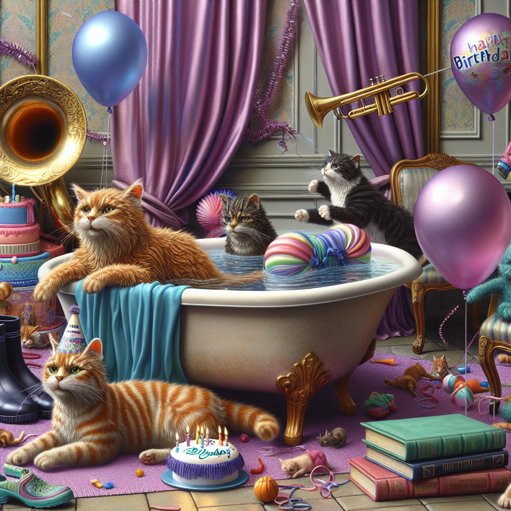 A lively birthday scene unfolds. Three real-looking cats - a spirited ginger feline, a striped tabby, and a stately tuxedo cat swimming in fun amid a festive gathering. They are enclosed by various birthday-trimmed items: a shiny baroque trumpet and a contemporary trumpet resting against walls adorned with lilac fabric. The spunk of the felines is at its peak as they amusingly bat at a suspended, multi-coloured soft toy. Adjacent, an array of books, each sheathed in colors of turquoise and pink, contribute to the intellectual and party-like ambiance. Completing the scene, a pair of rubber boots and denim overalls are informally positioned, insinuating a spur-of-the-moment celebration after a day of joy spent outside.
Generated with these themes: Ginger cat, Tabby cat, Tuxedo cat, Trumpet, Baroque trumpet, Wellies, Dungarees, Jellycat rainbow, Books, Lilac, Turquoise, and Pink.
Made with ❤️ by AI.