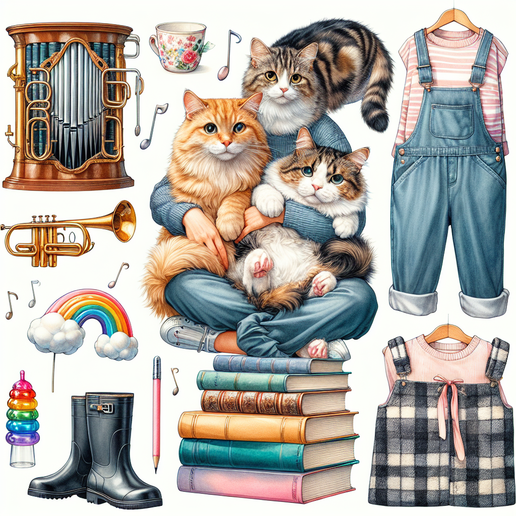 Ginger cat, Tabby cat, Tuxedo cat, Trumpet, Baroque trumpet, Wellies, Dungarees, Jellycat rainbow, Books, Lilac, Turquoise, and Pink Birthday Card