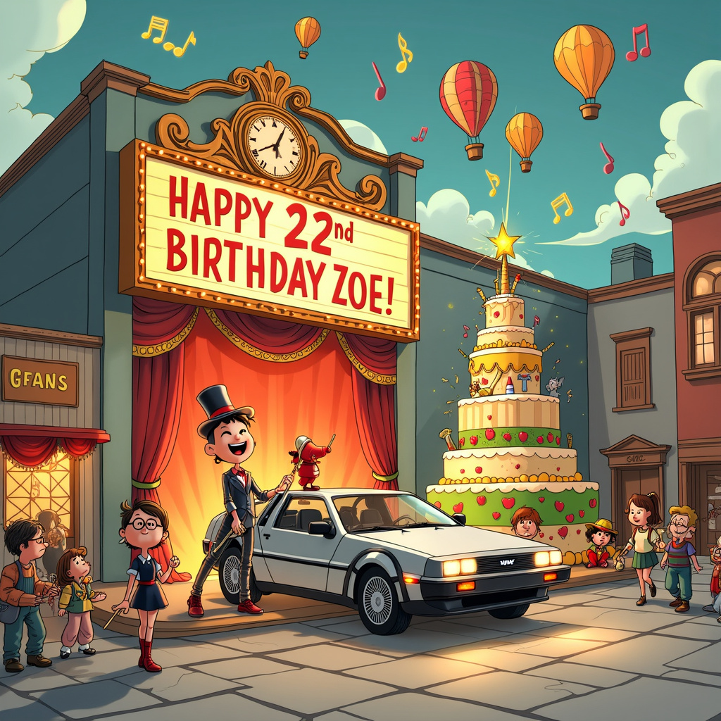 The scene is set in a vibrant, whimsical town square, reminiscent of Charles Schulz’s Peanuts, yet bustling with the energy of a Broadway musical. The backdrop is a grand, old-fashioned theatre marquee that reads, “Happy 22nd Birthday, Zoe!” in bright, vintage lights. 

In the center of the scene, a classic DeLorean from "Back to the Future," complete with its flux capacitor and gull-wing doors open, is transformed into a birthday stage. The car is perched on an ornate platform decorated with golden swirls and musical notes, akin to something out of a classic Disney fairytale.

Zoe, drawn in a style reminiscent of Astro Boy but with a modern twist, stands at the forefront of the DeLorean-stage. She’s dressed in a glitzy Broadway costume, complete with a top hat and cane, and is mid-song, belting out a joyful tune. Surrounding her are cartoonish musical notes that float through the air, like those in Gary Larson’s playful scenes.

To the right of the DeLorean, there’s a large, towering birthday cake, each tier representing a different musical theatre show. The bottom tier is decorated like the iconic red curtain of a theatre, the middle tier is adorned with a “Wicked” theme, featuring green swirls and a witch's hat, and the top tier resembles the golden hue and marquee lights of “The Phantom of the Opera.” On the very top of the cake, there are 22 sparkler candles in the shape of the number 22, flickering in the cartoonish style of Bill Watterson's Calvin and Hobbes.

In the sky above, fluffy clouds spell out “Happy Birthday Zoe” in a playful font, reminiscent of the whimsical lettering seen in Will Eisner’s graphic novels. Scattered around are hot air balloons shaped like musical notes and the iconic DeLorean, adding to the festive atmosphere.

On the left side of the scene, a lively parade of characters marches down the street. There’s a tiny musical band featuring a trombone player, a drummer, and a saxophonist, each character drawn with exaggerated, whimsical expressions, a nod to the quirky humor of R. Crumb. 

Finally, the ground is peppered with confetti and balloons, and a small, mischievous cartoon dog with a big nose (think Hergé’s Tintin) is seen playfully chasing after a balloon that has “Zoe” written on it in big, bold letters.

This bustling, detailed scene, with all its fantastical elements and intricate references, ensures Zoe’s 22nd birthday is celebrated in a uniquely enchanting and memorable way.
Generated with these themes: Back to the future, Musical theatre, Birthday cake, and 22.
Made with ❤️ by AI.