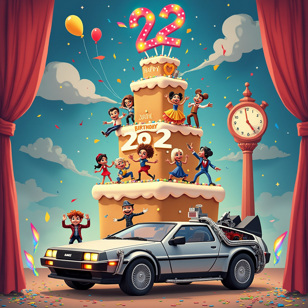 In this vibrant, cartoonish birthday scene inspired by beloved artists, the cover bursts with whimsical details that cleverly intertwine themes from "Back to the Future," musical theatre, birthday cake, and the number 22.

At the center of the scene is a large, multi-tiered birthday cake shaped like the famous DeLorean time machine from "Back to the Future." The cake is silver with metallic accents, detailed with icing windows and wheels, and emits playful, sugary smoke from the exhaust pipes, hinting at a recent time jump. On top of the cake, a marquee-style sign reads "Happy 22nd Birthday, Zoe!" in flashing lights, reminiscent of a Broadway theatre sign.

Around the cake, various characters dressed in iconic musical theatre costumes bring the scene to life. A group of friends in colorful, exaggerated costumes from "Cats" are dancing on the cake's lower tiers, while a tap-dancing figure resembling a combination of Fred Astaire and a young Michael J. Fox (as Marty McFly) entertains on the middle tier. To the side, a miniature orchestra composed of anthropomorphic animals plays jubilantly, inspired by Disney's classic characters, with a conductor who looks like a mashup of Osamu Tezuka's Astro Boy and Mickey Mouse.

Above the cake, the sky is a bright, cartoonish blue with fluffy, expressive clouds spelling out "Zoe" in a whimsical font, each letter trailing a rainbow-colored ribbon that stretches across the scene. The backdrop includes a stage with dramatic curtains parting to reveal the cake, adorned with flashing lights and Broadway-style posters showing Zoe in various musical roles.

In the foreground, the iconic clock tower from "Back to the Future" is playfully decorated with balloons and streamers, with its clock hands pointing to 2 and 2, marking Zoe's 22nd birthday. Around the base of the tower, confetti cannons shaped like musical notes explode with colorful confetti, adding to the festive atmosphere.

This enchanting birthday scene, packed with nods to pop culture and personalized touches, is sure to make Zoe's special day unforgettable.
Generated with these themes: Back to the future, Musical theatre, Birthday cake, and 22.
Made with ❤️ by AI.
