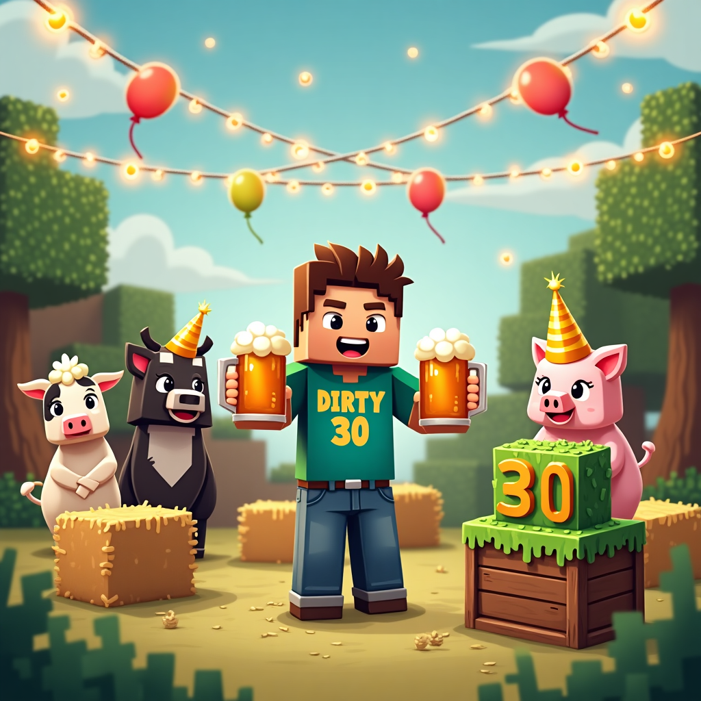 **Prompt:**

A cute cartoon-style Minecraft-themed birthday farm scene. A blocky farm landscape with pixel-style animals wearing party hats—like a cow, pig, and chicken—all celebrating. In the center, a Minecraft-style character is smiling, holding a frothy pixelated beer mug in each hand, wearing a “DIRTY 30” party shirt. Surrounding them are hay bale seats, string lights made of redstone torches, a tiny jukebox playing party music, and pixelated balloons floating in the sky. A big cake shaped like a grass block with the number “30” on top sits on a wooden crate table. The overall mood is festive, fun, and super cute with a playful Minecraft vibe.
Generated with these themes: Minecraft Farm Dirty 30 Birthday party with beer.
Made with ❤️ by AI.