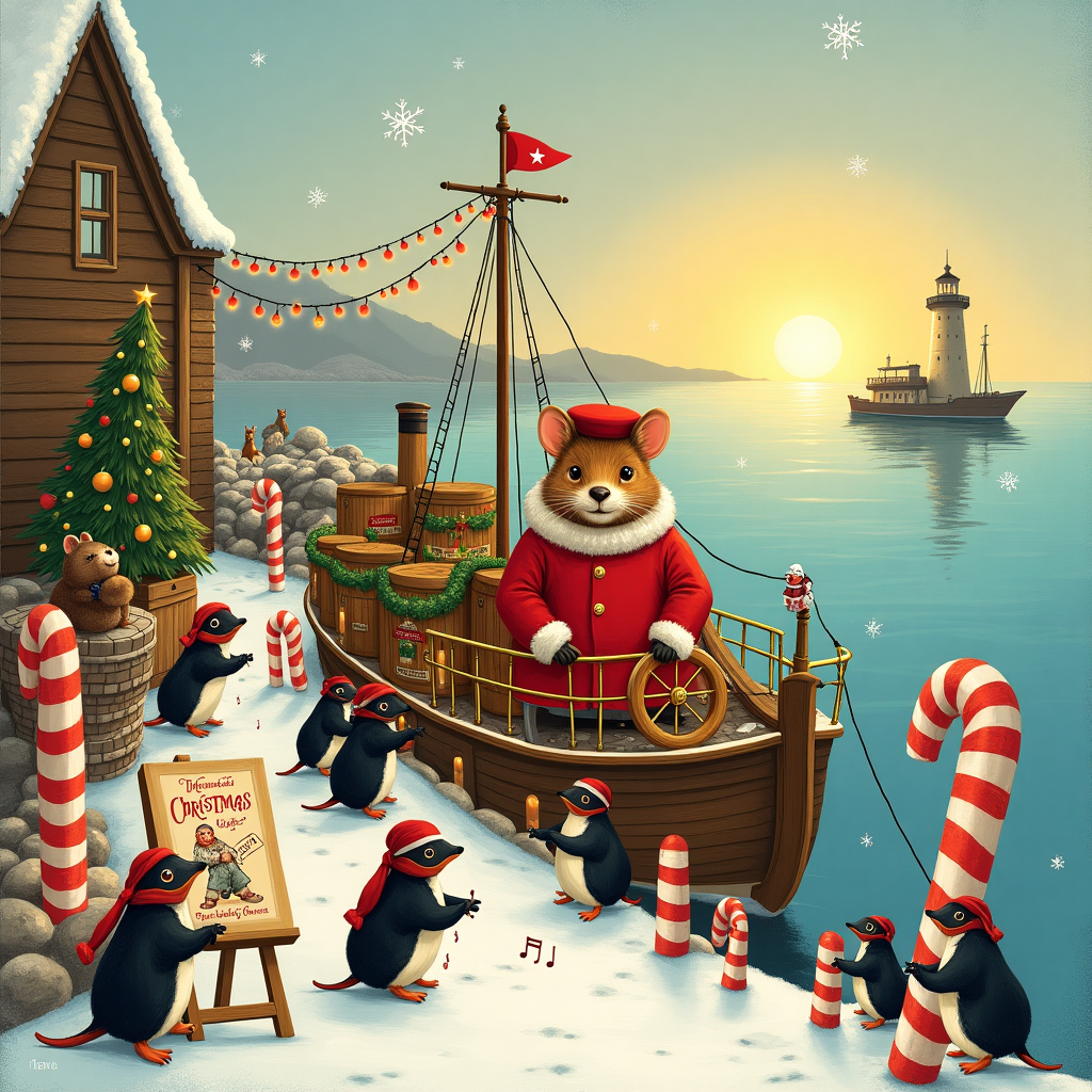 On the front cover of this whimsical Christmas card, imagine a bustling harbor where a merry band of anthropomorphic animals is preparing for a Christmas voyage. At the center of the scene is a charmingly antiquated wooden port, adorned with twinkling fairy lights and oversized candy canes as docking posts. The docks are lively with activity. A jolly, rotund mouse dressed in a bright red captain's coat, reminiscent of a Beatrix Potter character, stands at the helm of a toy-sized steamboat. The boat itself is whimsically decorated with holly garlands and a towering Christmas tree that sways gently, its ornaments clinking like festive chimes. 

To the left, a group of mice and squirrels, dressed in Victorian-era winter coats and top hats, are rolling barrels of "Christmas cheer" onto the boat. The barrels are vibrantly painted, with labels that feature a port wine motif, humorously labeled "Port-ly Rodents’ Special Reserve." Nearby, a beaver with an artist's beret is perched on a stack of presents, painting an elegant ship's nameplate that reads "The Jolly Jingle." His easel holds a canvas, with a humorous sketch of Santa Claus doing a silly jig.

In the foreground, a trio of penguins wearing sailor suits are engaged in a game of tug-of-war with an oversized candy cane. Their beaks are slightly ajar, as if singing carols, with music notes whimsically floating in the crisp winter air. In the background, the calm sea reflects a golden sunset, and beyond the horizon, you can glimpse a silhouette of a lighthouse adorned with a Santa hat, its beacon shining like a North Star guiding this merry crew into the Christmas night. The entire scene is bordered with delicate illustrations of snowflakes and seashells, paying homage to the nautical and festive themes intertwined in this quirky and delightful holiday greeting.
Generated with these themes: Port.
Made with ❤️ by AI.
