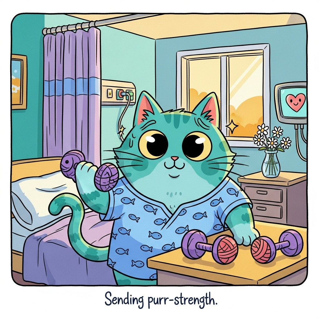 Cat, Weights, Hospital, Strong, Hospital gown, and Sympathy Card