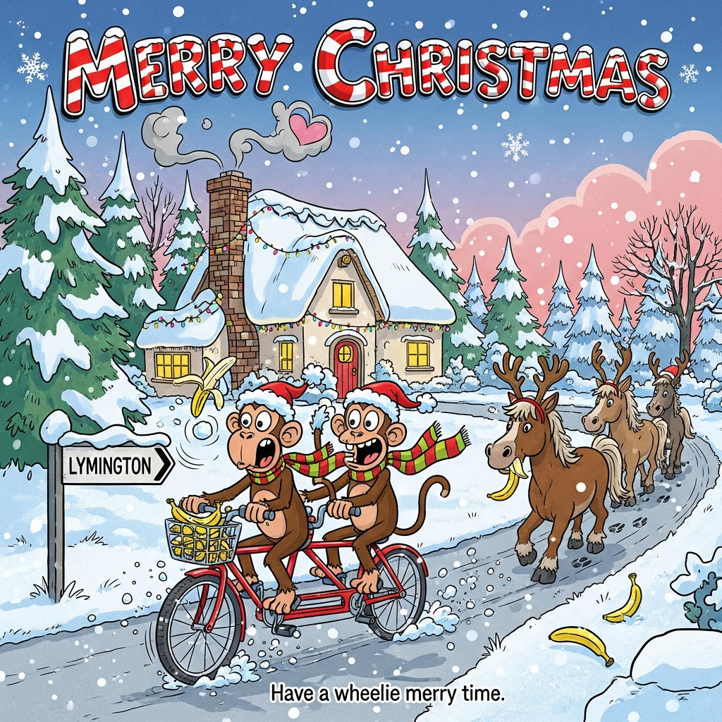 Two Monkeys Cycling , Forest, Thatched Cottage, Lymington Road Sign, Ponies, Snow, and Christmas Card